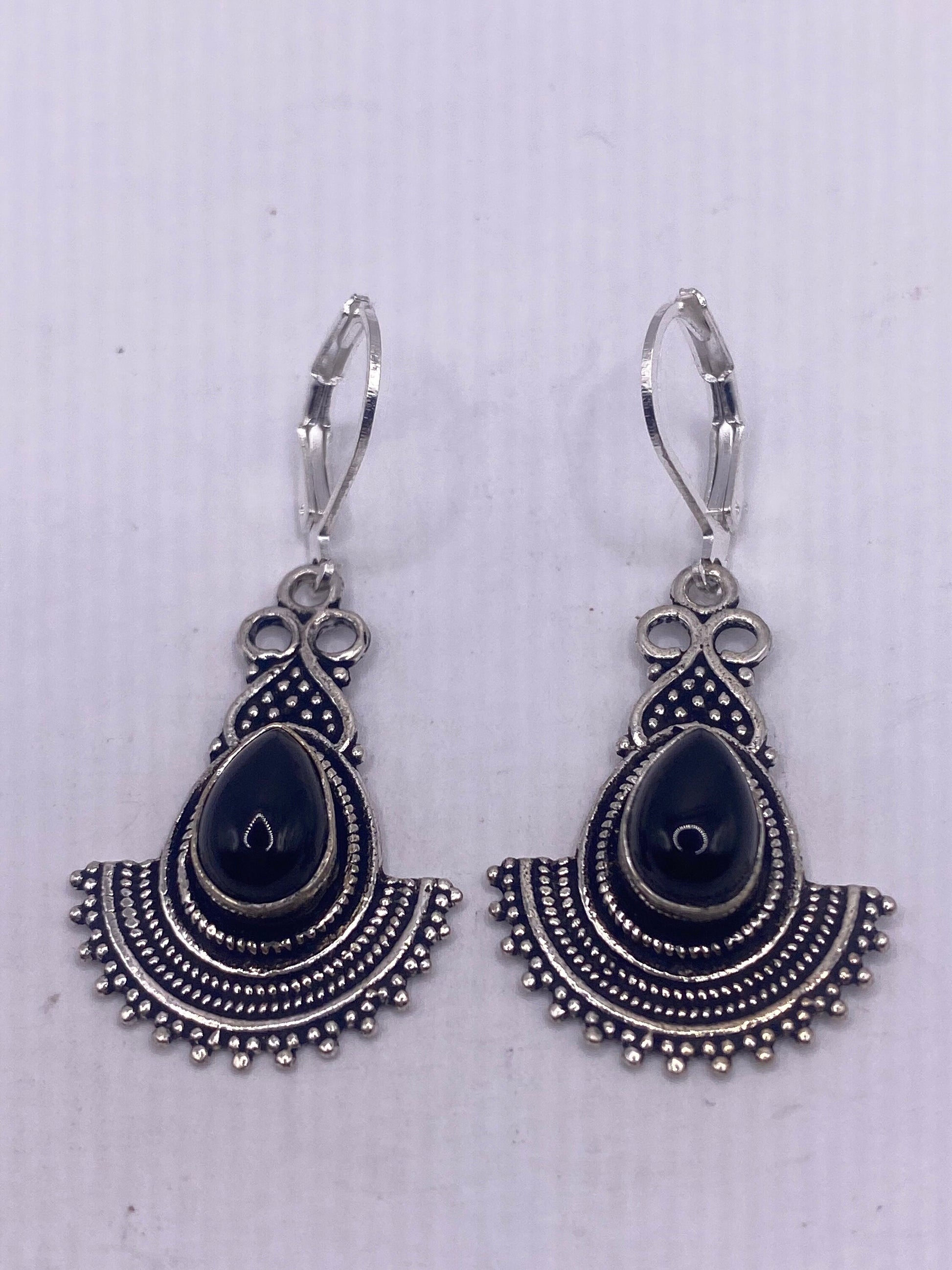 Vintage Black Earring Onyx 925 Sterling Silver Deco Dangle Chandelier