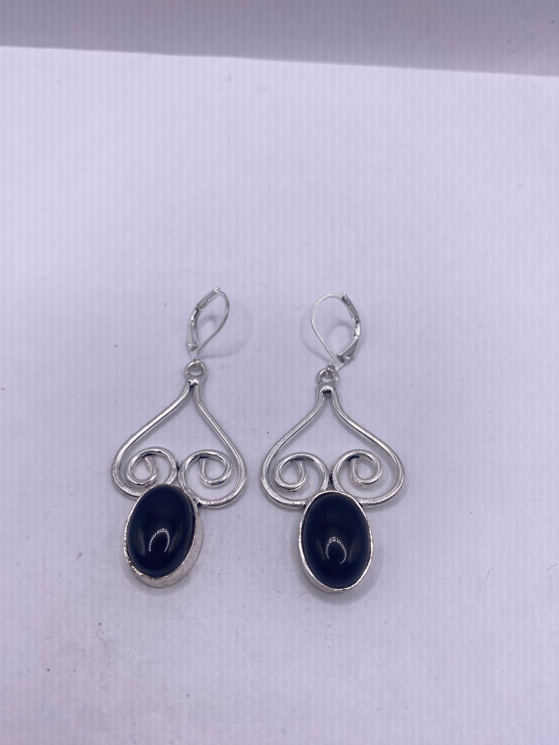 Vintage Black Earring Onyx 925 Sterling Silver Deco Dangle Chandelier