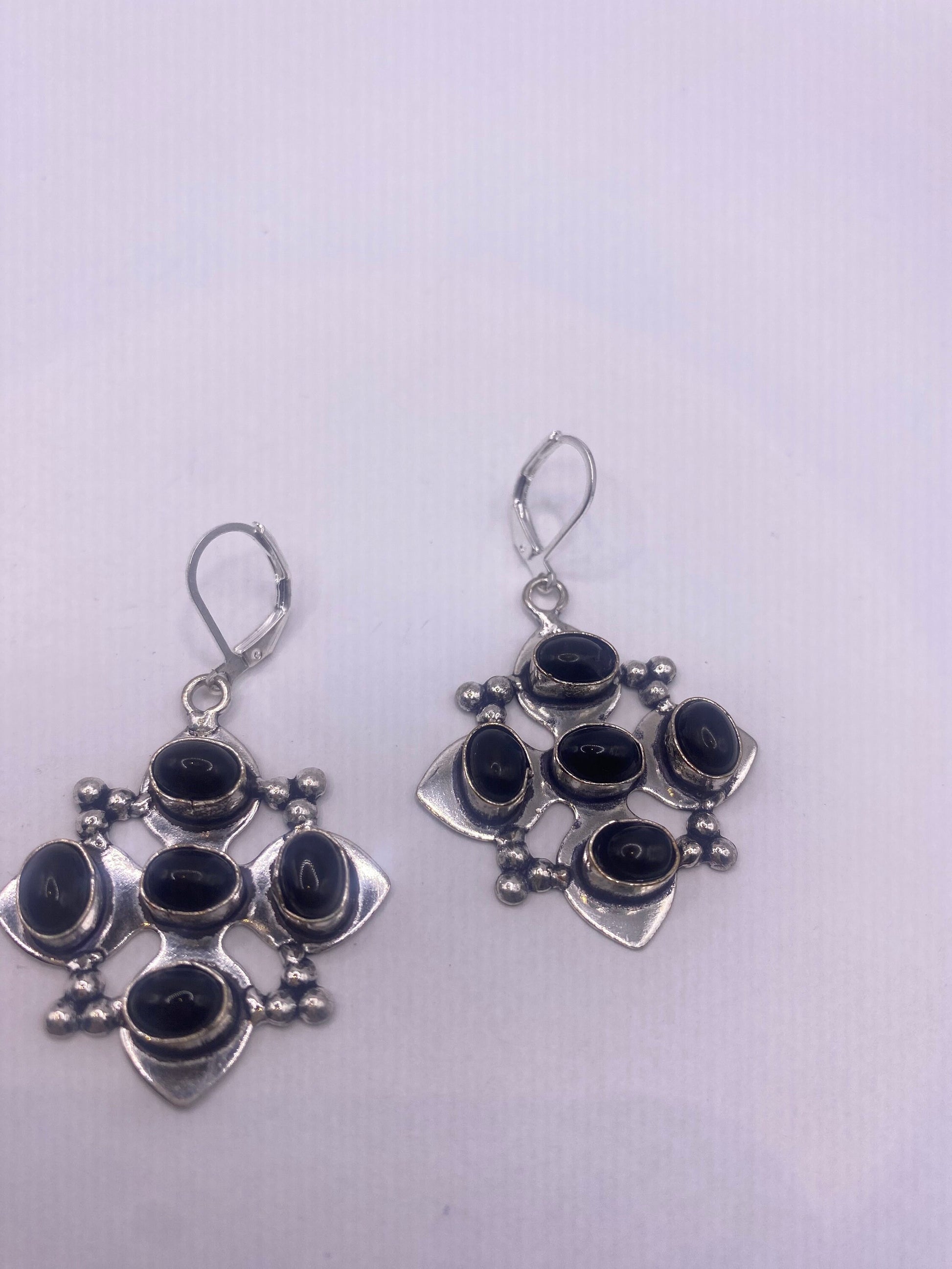 Vintage Black Earring Onyx 925 Sterling Silver Deco Dangle Chandelier