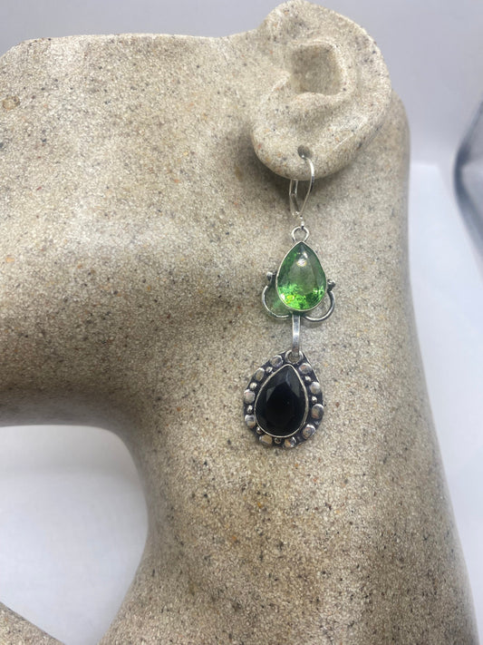 Vintage Black Earring Onyx and Green Glass 925 Sterling Silver Deco Dangle Chandelier