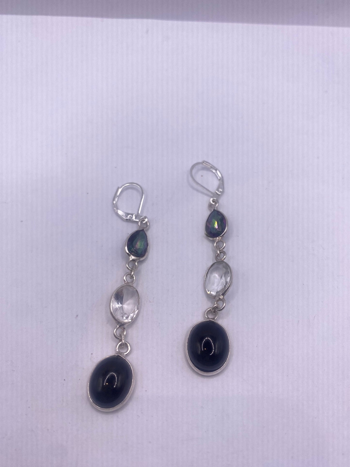 Vintage Black Earring Onyx and Citrine 925 Sterling Silver Deco Dangle Chandelier