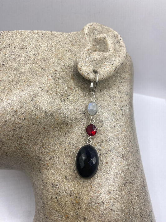 Vintage Black Earring Onyx and Citrine 925 Sterling Silver Deco Dangle Chandelier