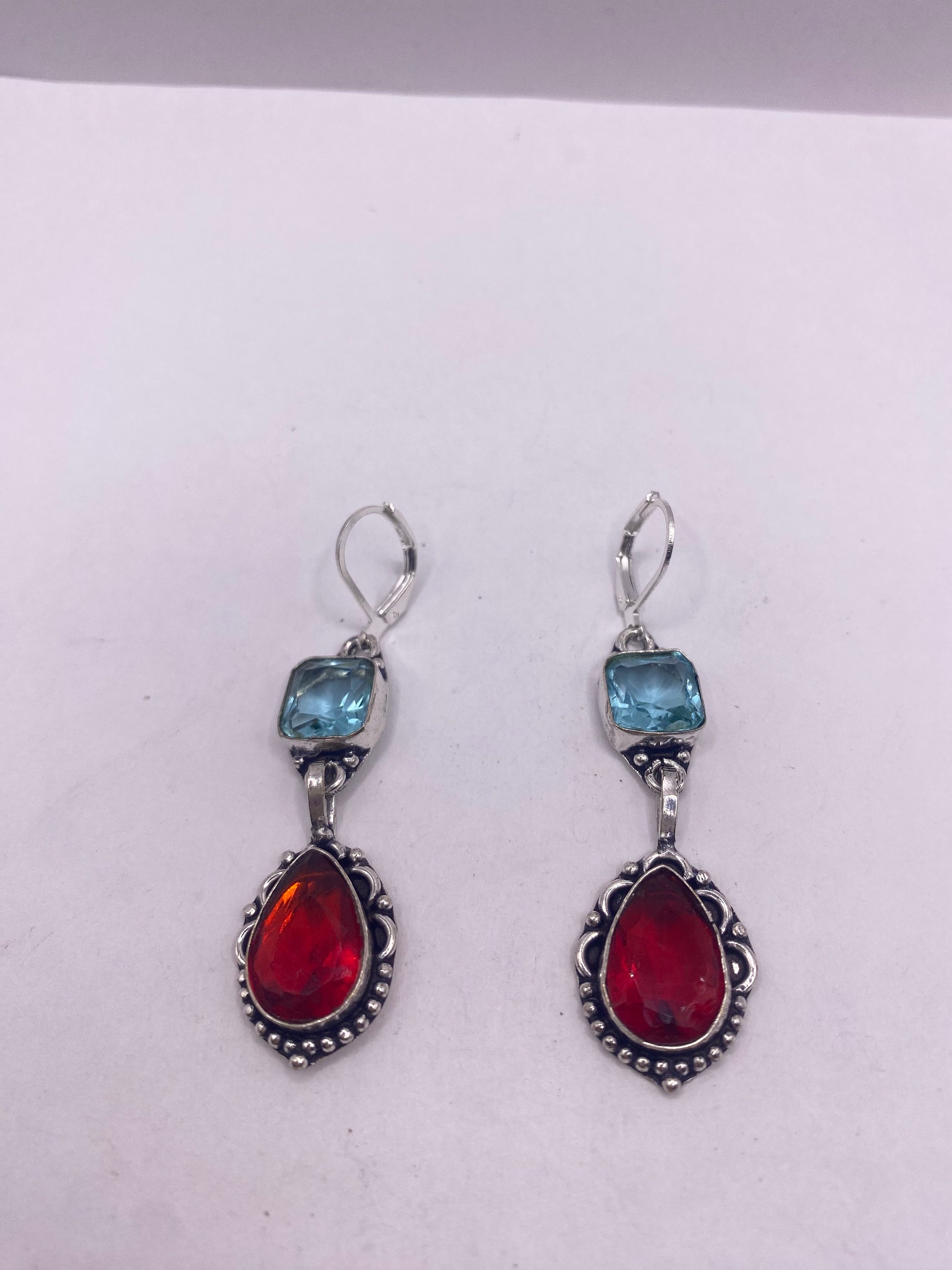 Antique Vintage Red Ruby Glass Silver Dangle Earrings