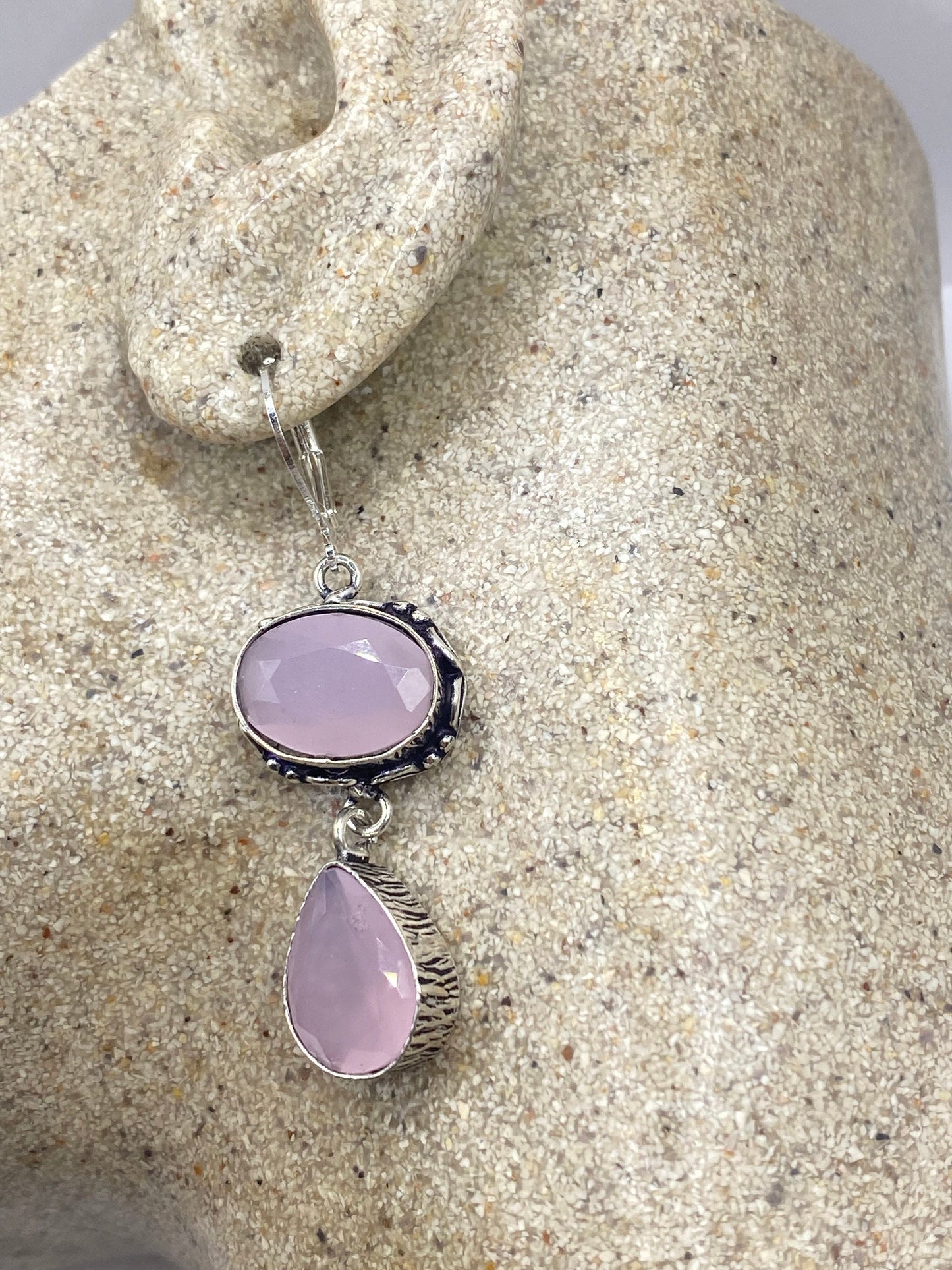 Antique Vintage Pink Rose Quartz Glass Silver Dangle Earrings