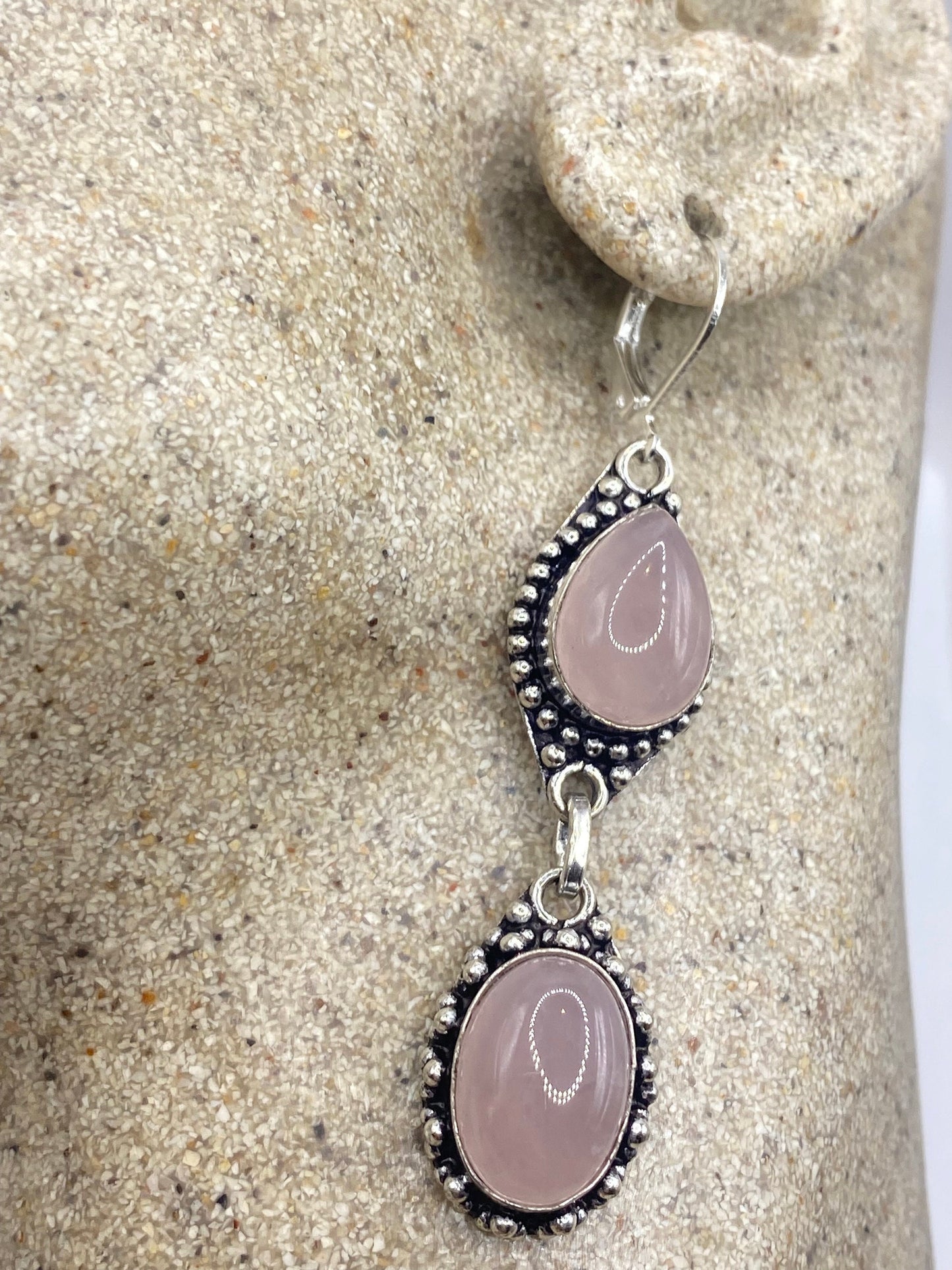 Antique Vintage Pink Rose Quartz Glass Silver Dangle Earrings