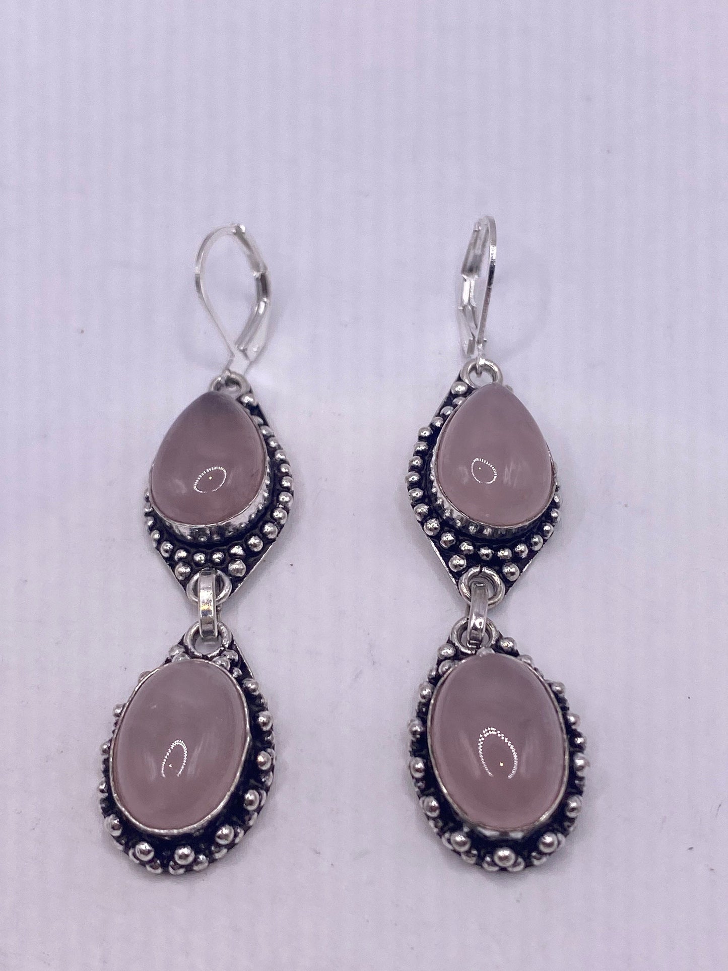 Antique Vintage Pink Rose Quartz Glass Silver Dangle Earrings