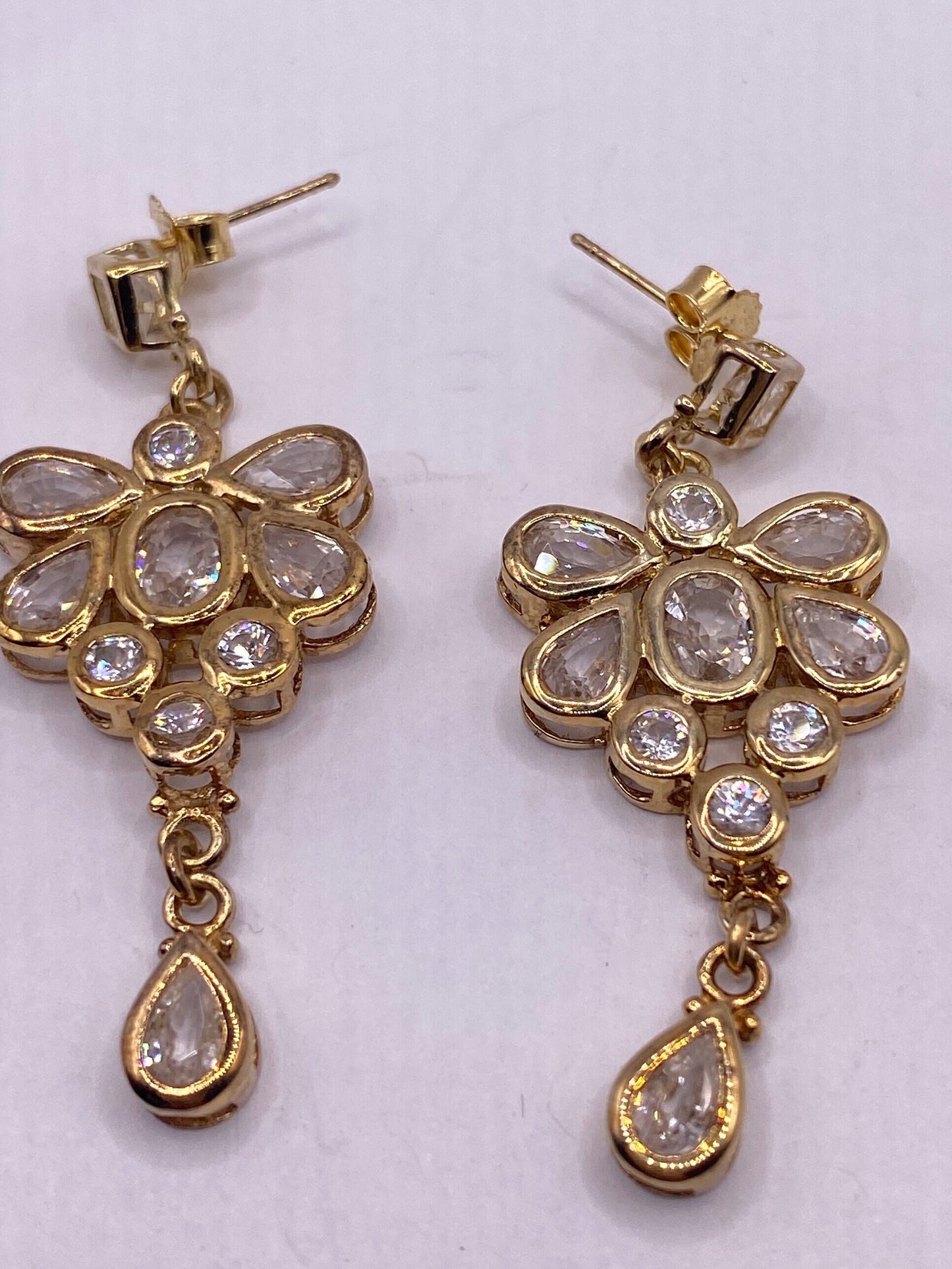 Vintage Clear Quartz Golden 925 Sterling Silver Dangle Chandelier Earrings
