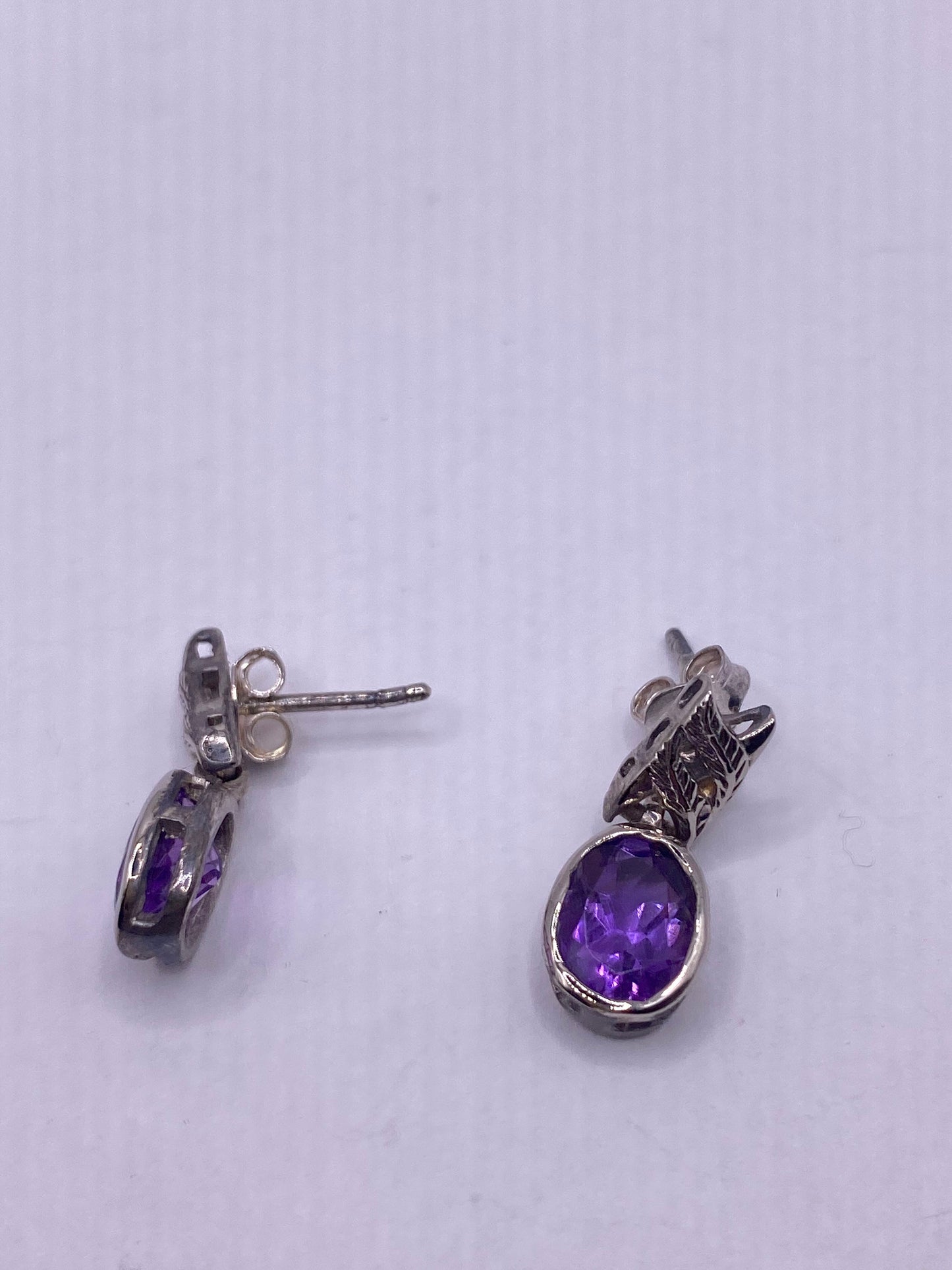 Vintage Amethyst Earrings 925 Sterling Silver Purple Stud Dangle