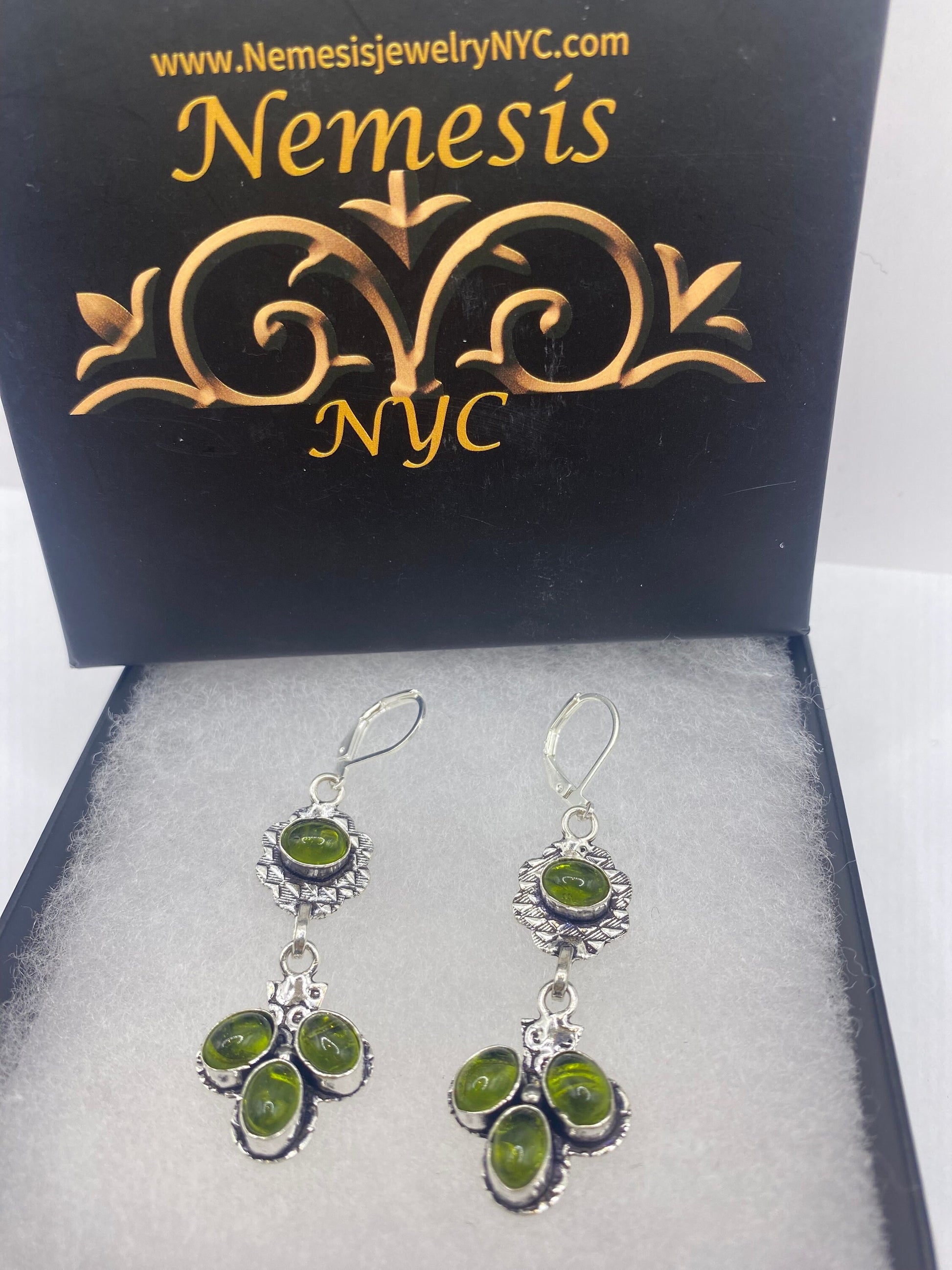 Antique Vintage Green Peridot Silver Dangle Earrings