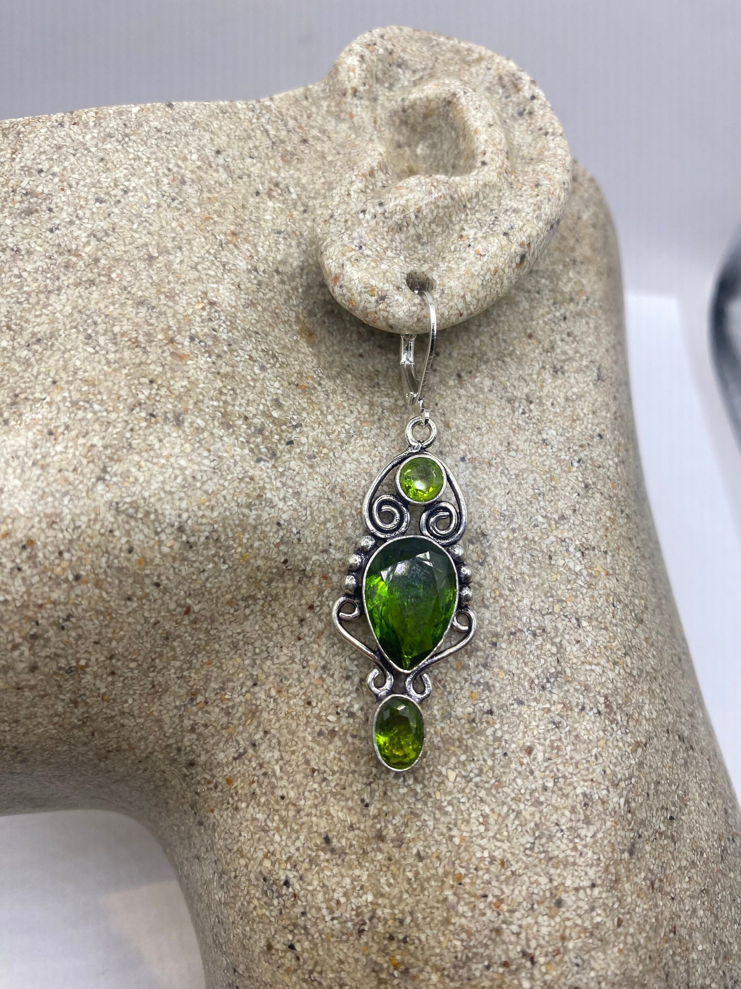 Antique Vintage Green Peridot Silver Dangle Earrings