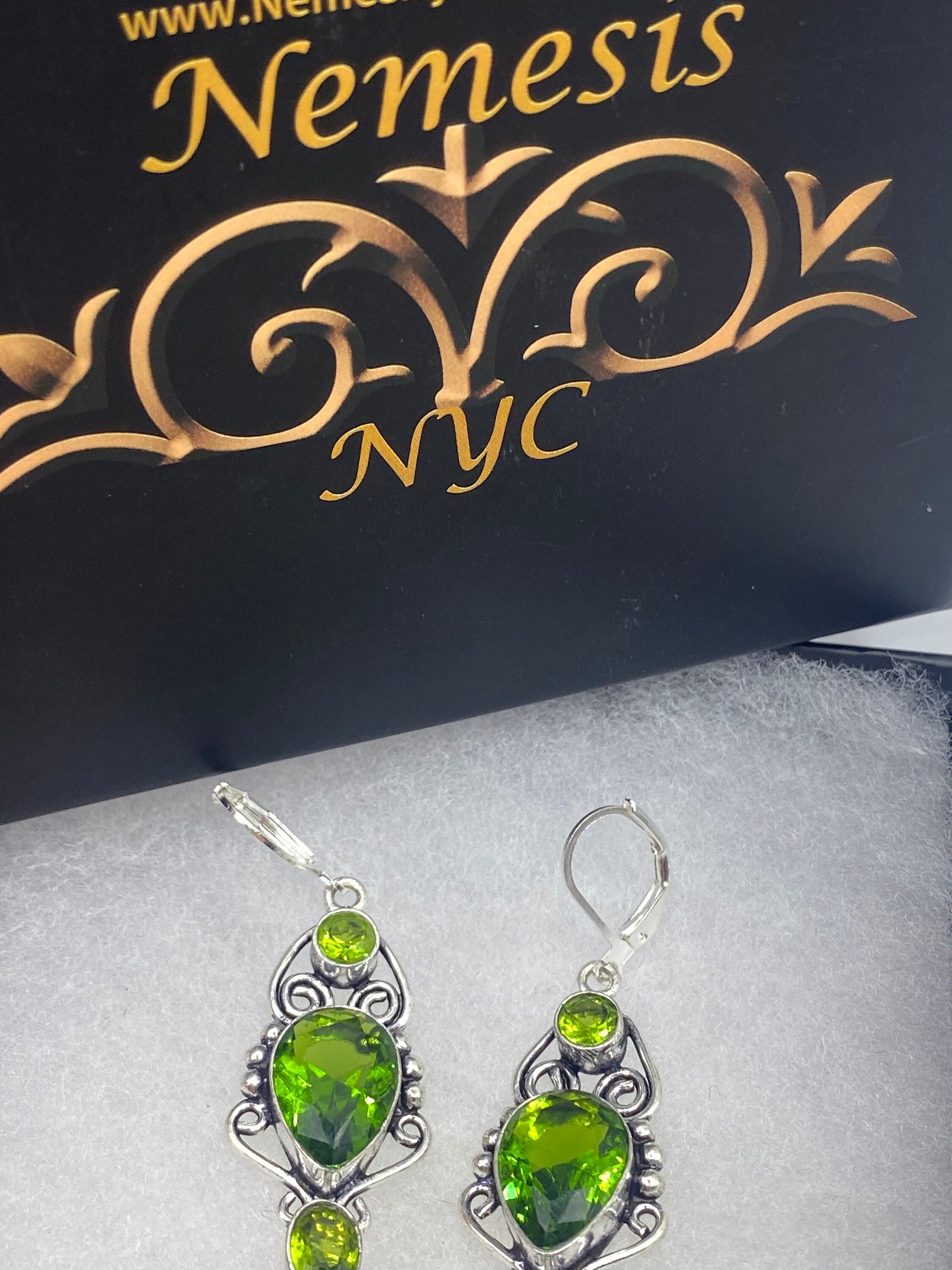 Antique Vintage Green Peridot Silver Dangle Earrings