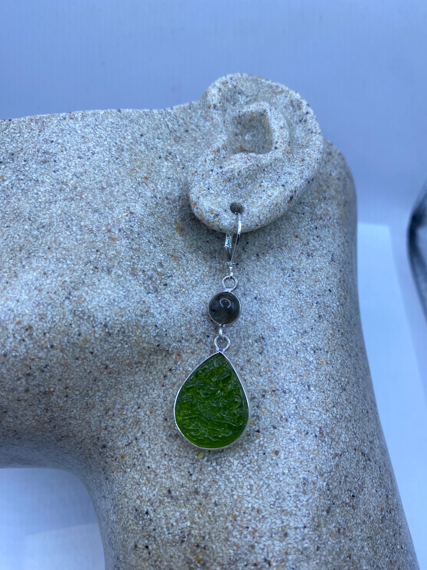 Antique Vintage Green Peridot Silver Dangle Earrings