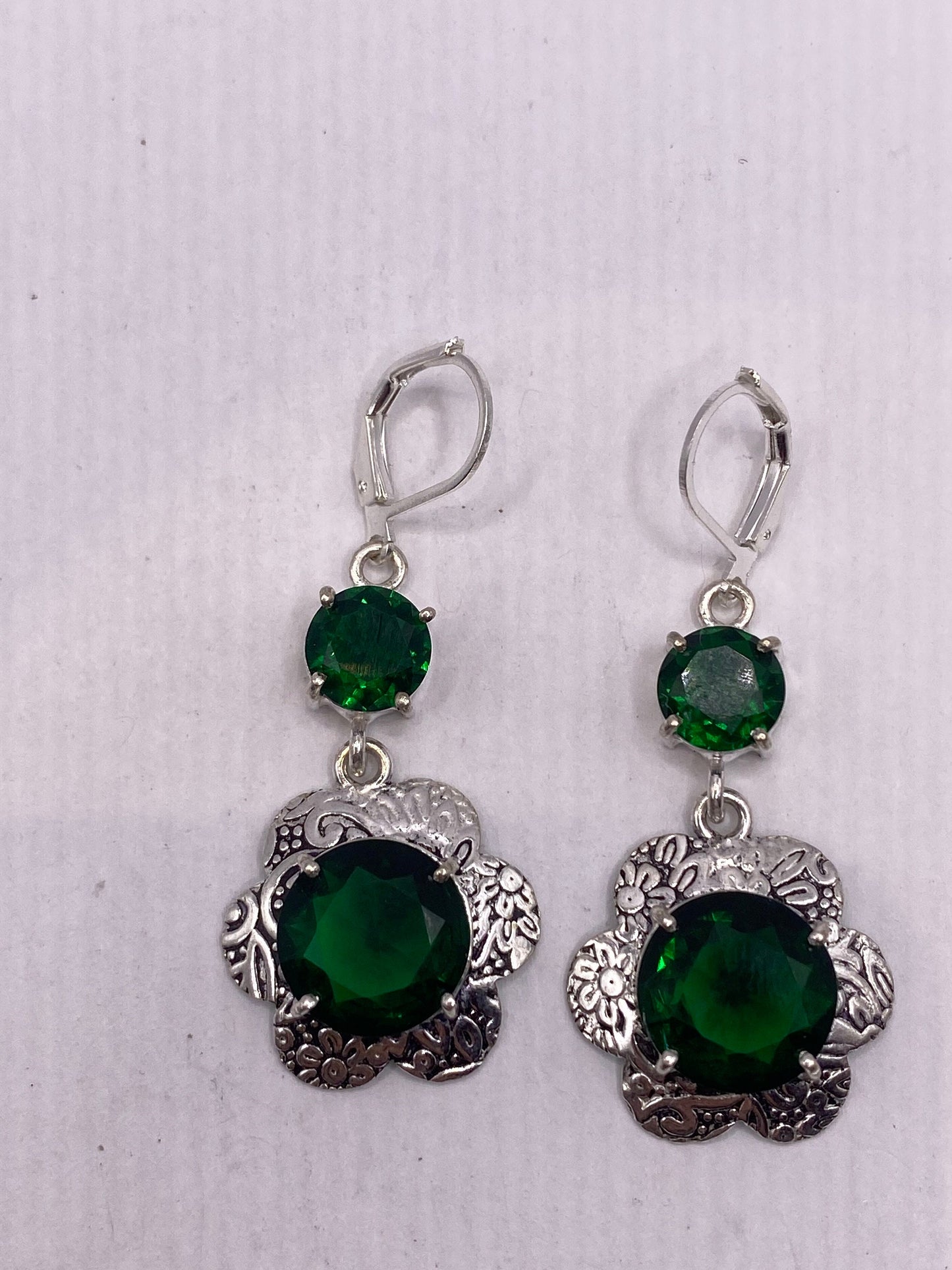 Antique Vintage Green Glass Silver Dangle Earrings