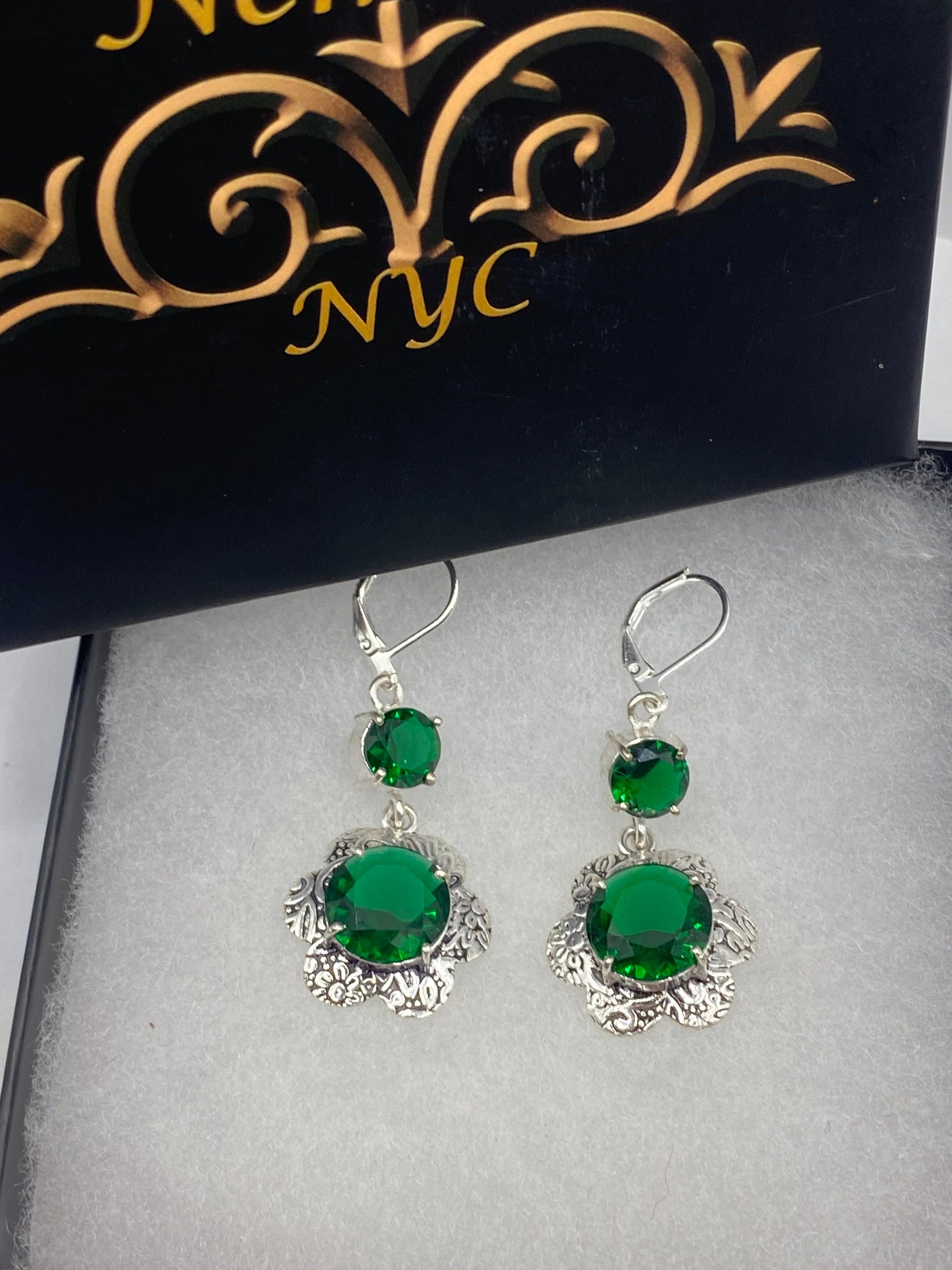 Antique Vintage Green Glass Silver Dangle Earrings