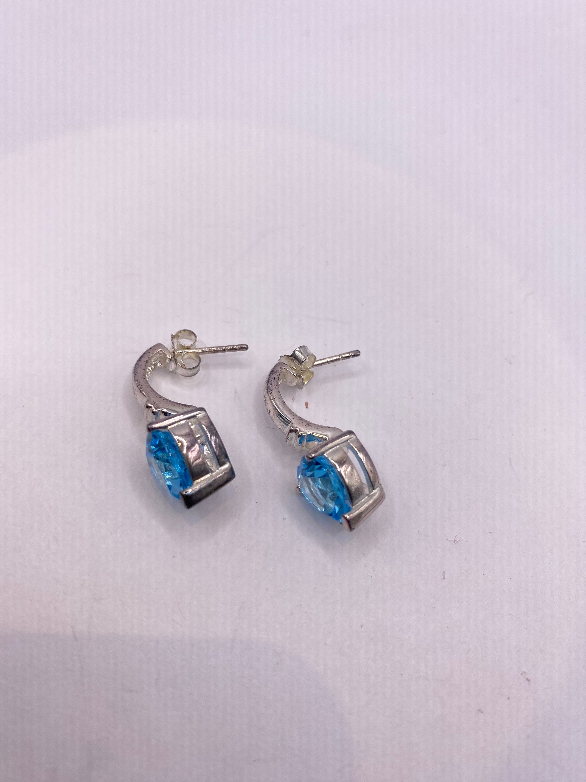 Vintage Blue Topaz Heart 925 Sterling Silver Drop Earrings