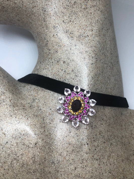 Vintage Tourmaline Choker 925 Sterling Silver Mixed Gemstone Antique Pendant Necklace