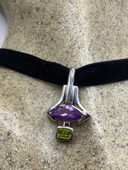 Vintage Purple Amethyst Peridot Choker 925 Sterling Silver Pendant