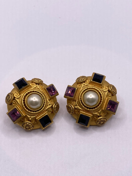 Vintage Pearl Crystal Earrings in Golden Bronze Clip-On