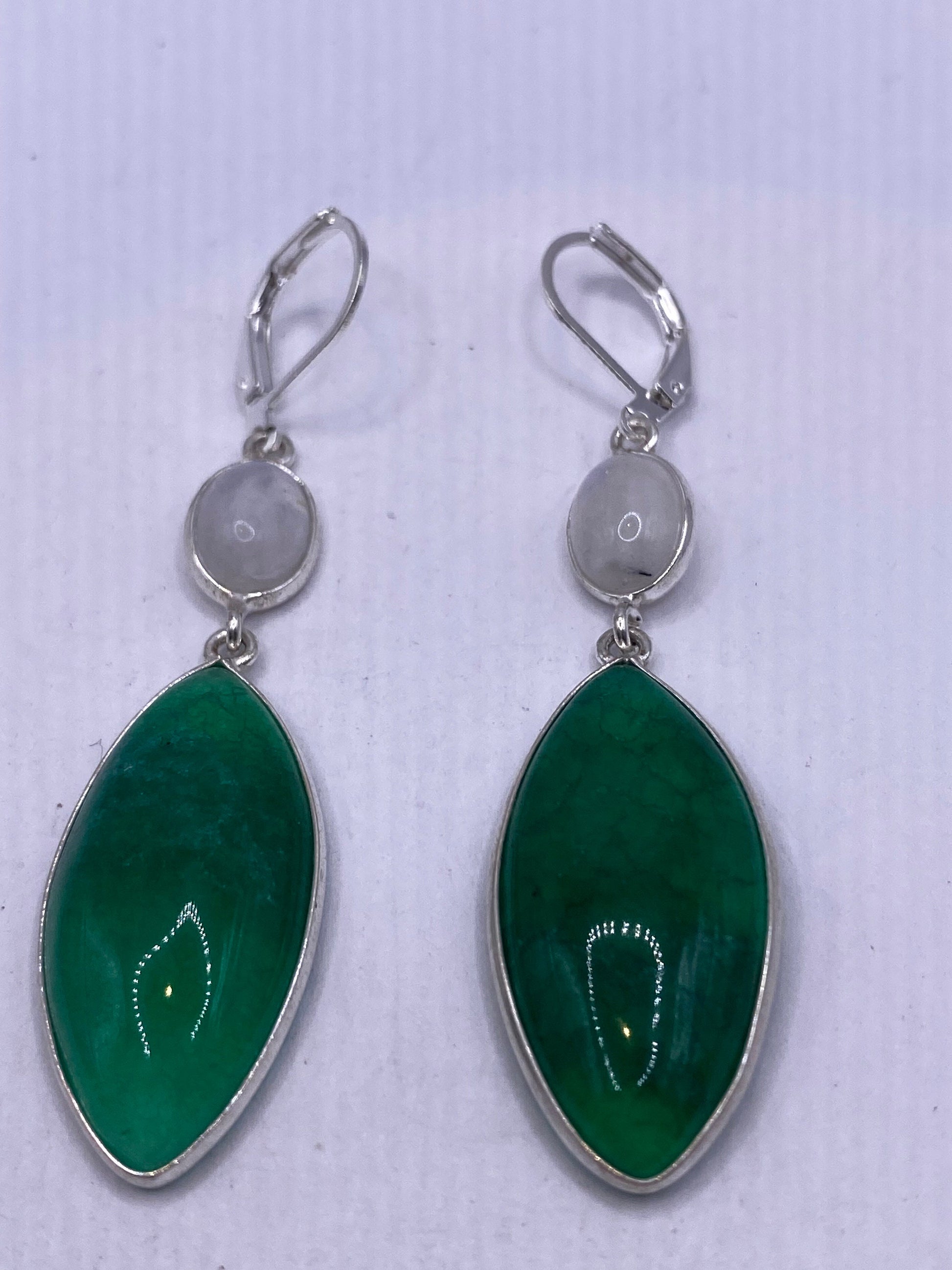 Vintage Genuine Raw Emerald Gemstone Filigree Sterling Silver Lever Back Dangle Earrings