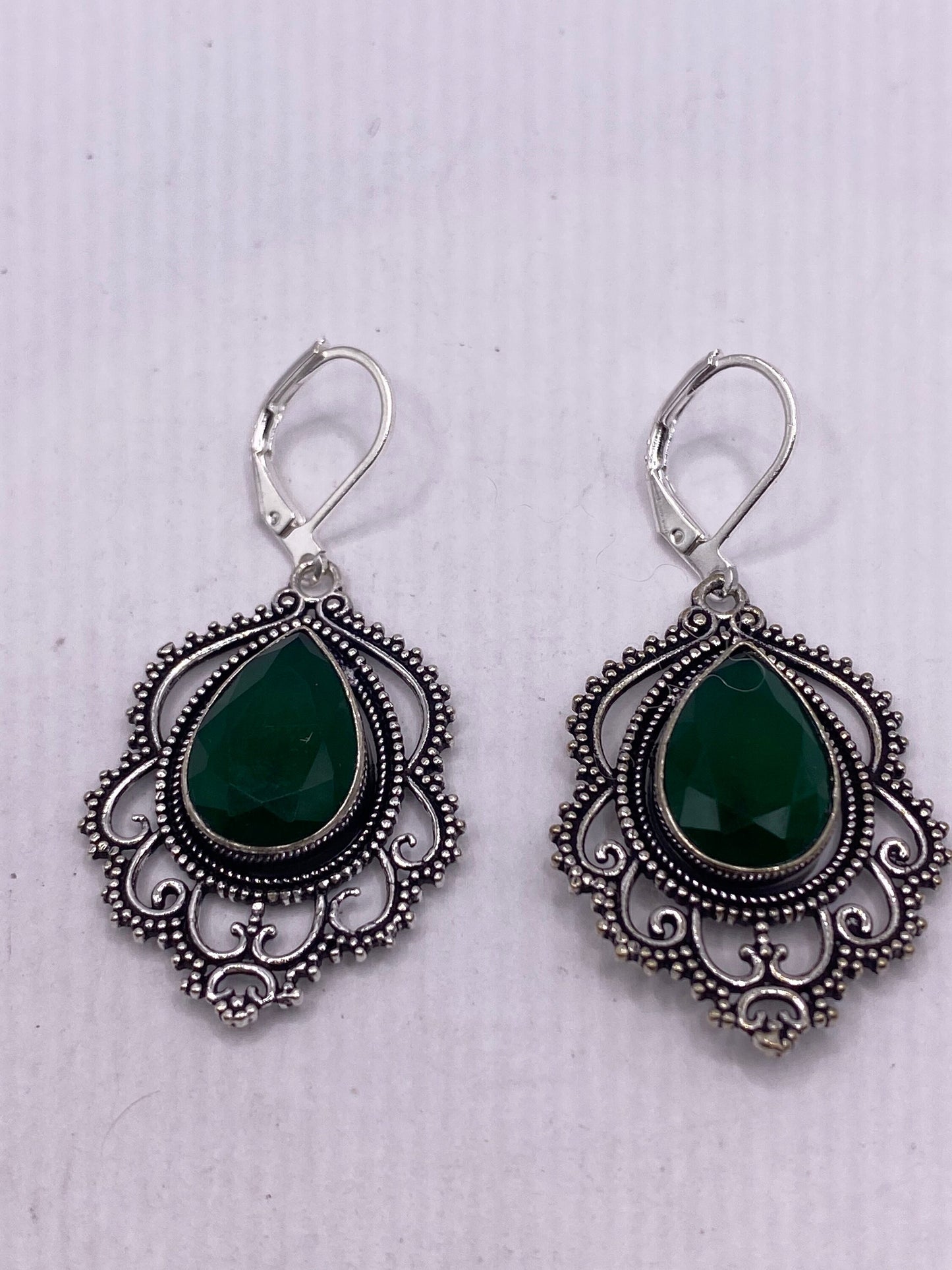 Vintage Genuine Raw Emerald Gemstone Filigree Sterling Silver Lever Back Dangle Earrings