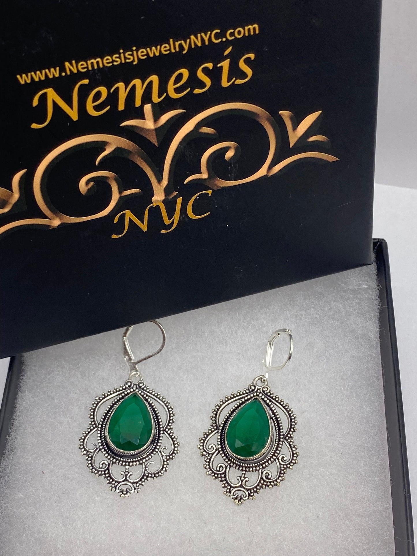 Vintage Genuine Raw Emerald Gemstone Filigree Sterling Silver Lever Back Dangle Earrings