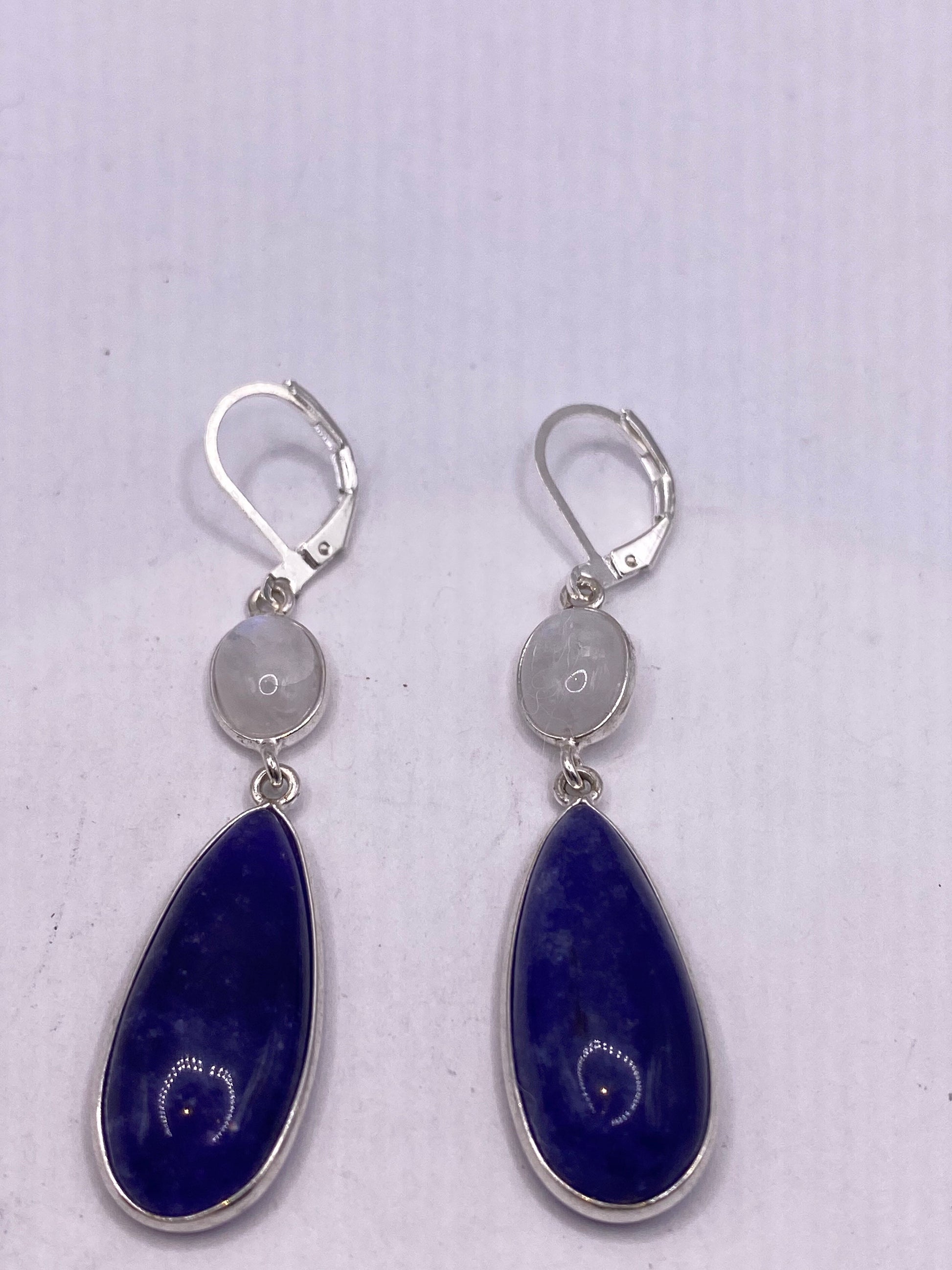 Vintage Blue Raw Sapphire Sterling Silver Lever Back Chandelier Earrings