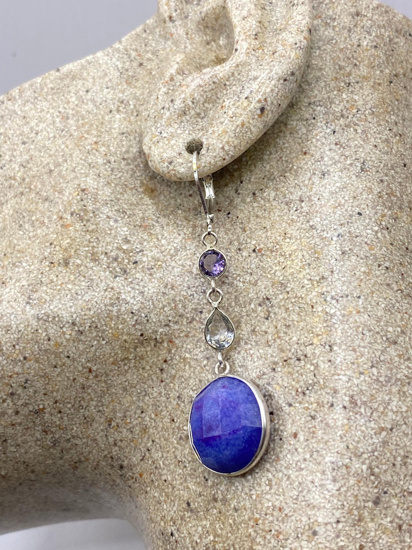 Vintage Blue Raw Sapphire Sterling Silver Lever Back Chandelier Earrings