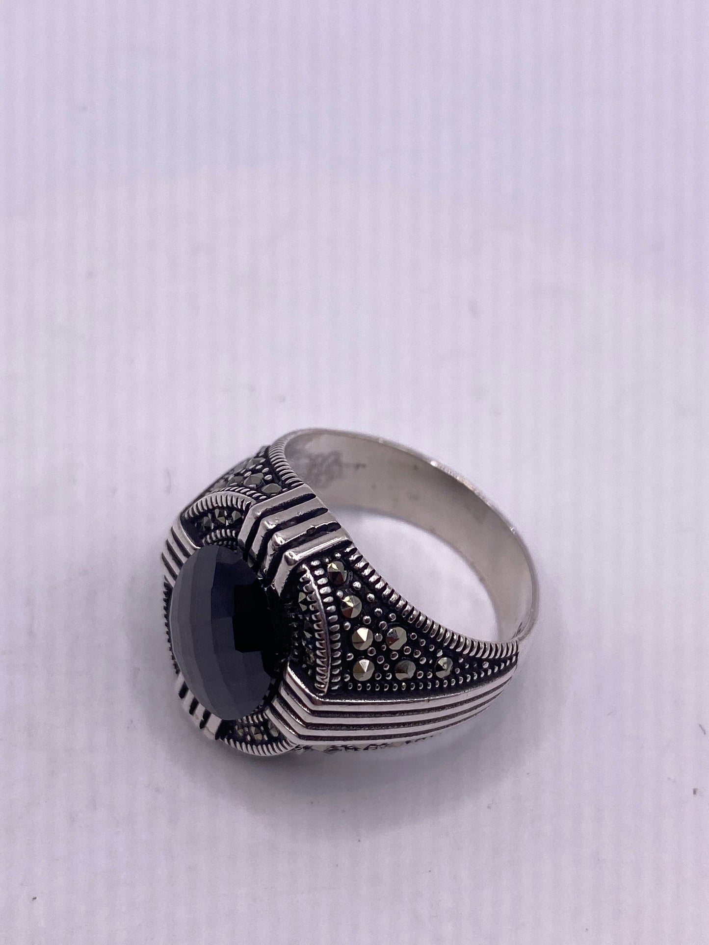 Vintage Hematite Mens Ring 925 Sterling Silver