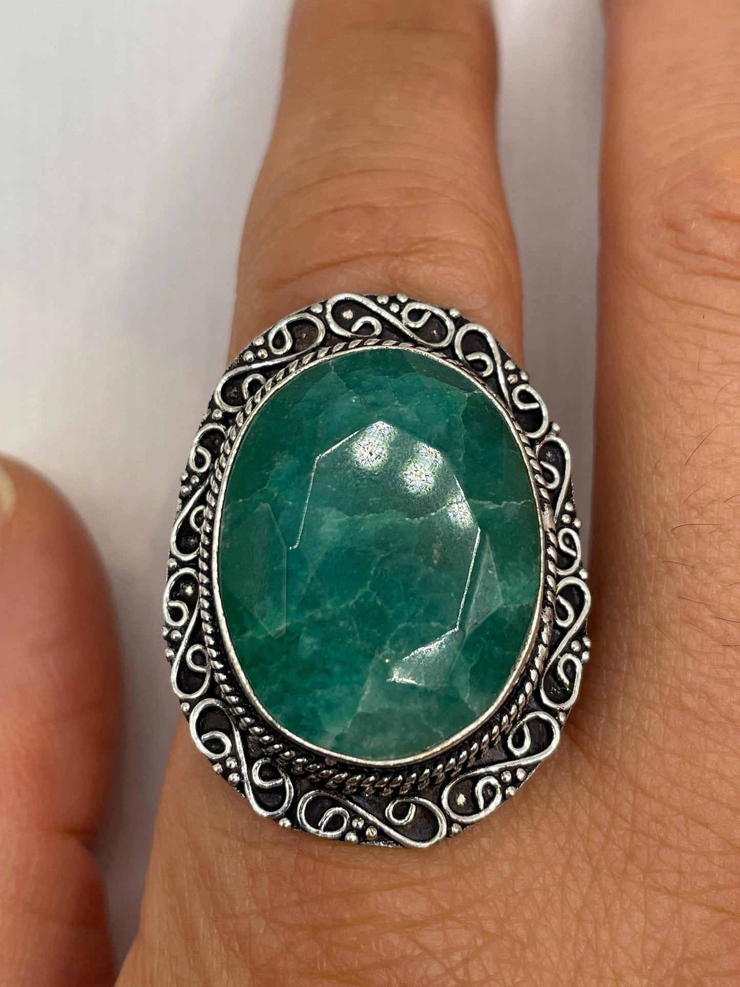 Vintage Green Raw Emerald Silver Bronze Statement Boho Ring 10.5