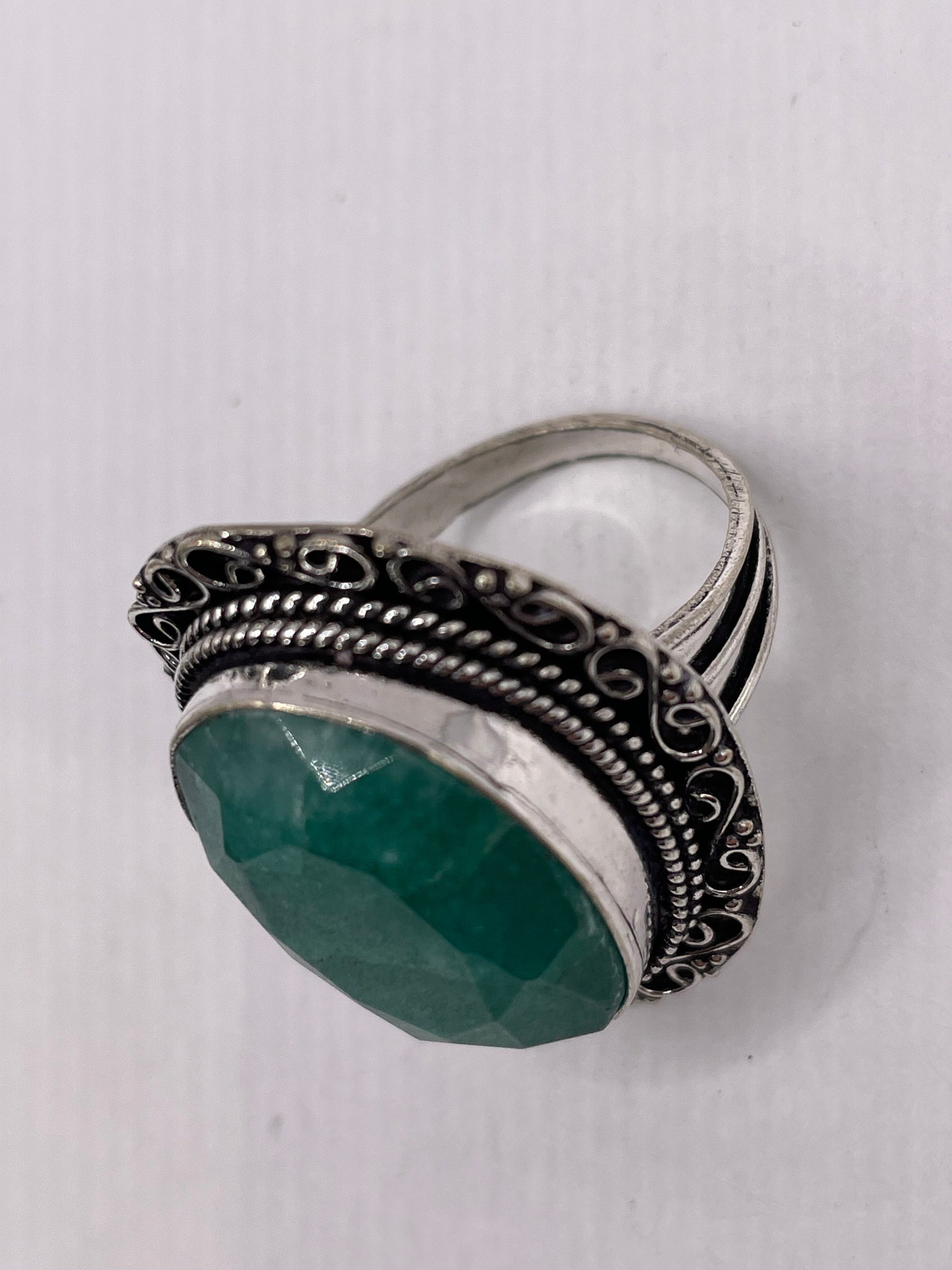 Vintage Green Raw Emerald Silver Bronze Statement Boho Ring 10.5