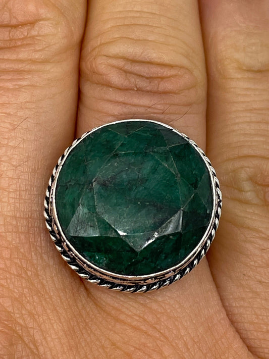Vintage Green Raw Emerald Silver Bronze Statement Boho Ring 6.25