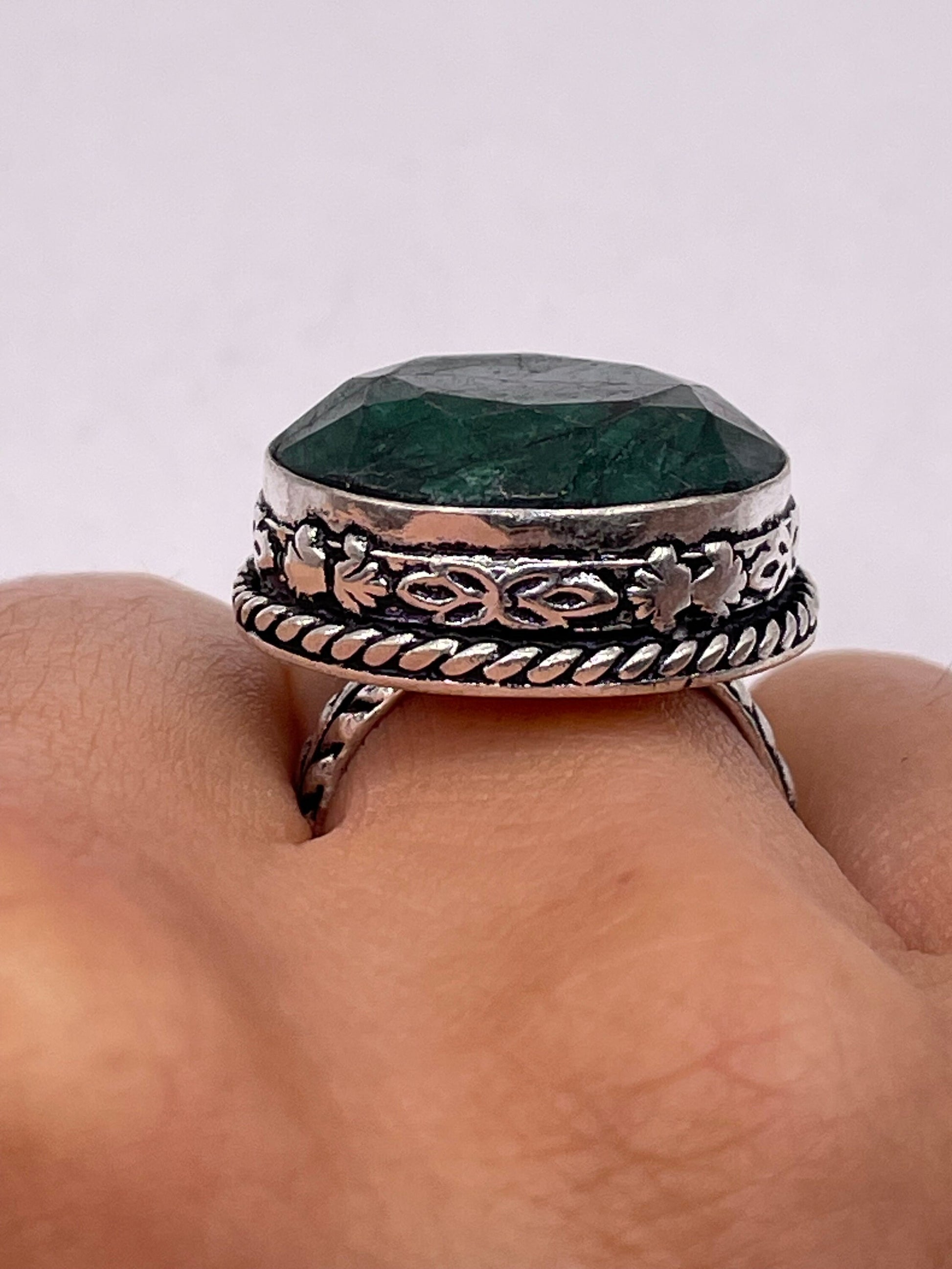 Vintage Green Raw Emerald Silver Bronze Statement Boho Ring 6.25