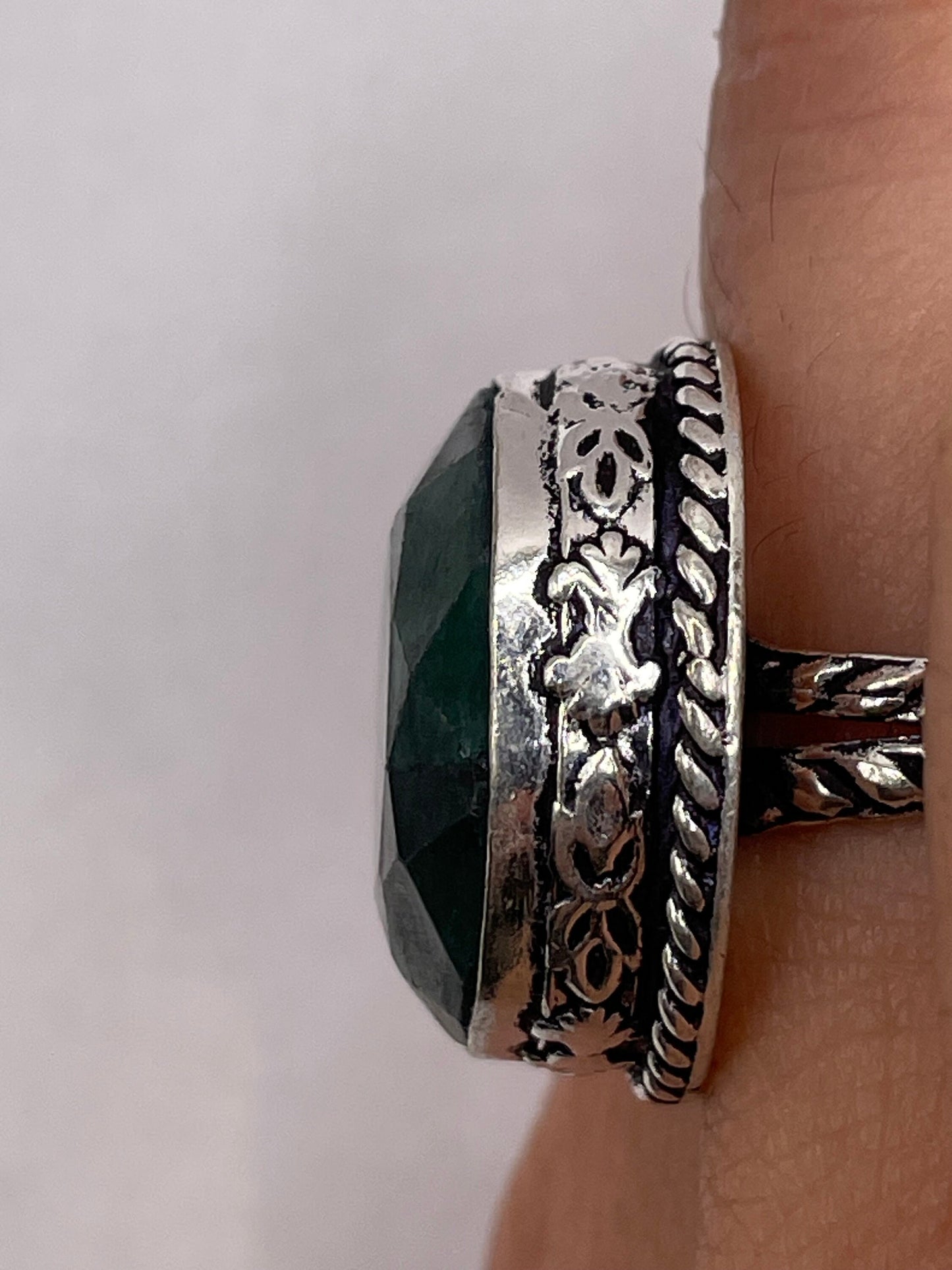 Vintage Green Raw Emerald Silver Bronze Statement Boho Ring 6.25