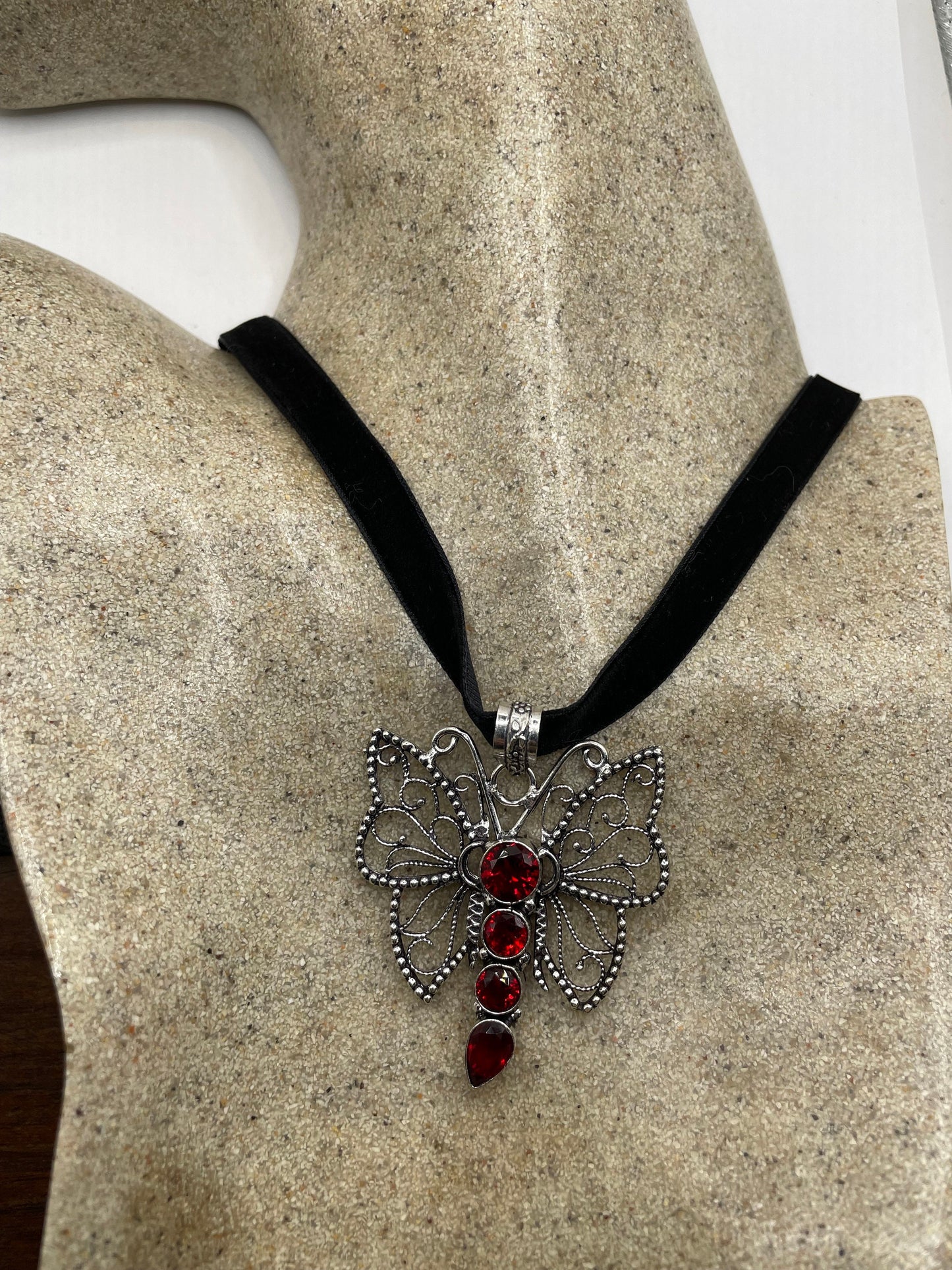 Vintage Moth Choker Red Ruby Glass Necklace