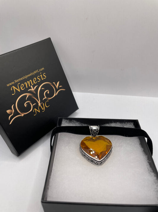 Vintage Amber Glass Heart Antique Black Velvet Ribbon Choker Necklace