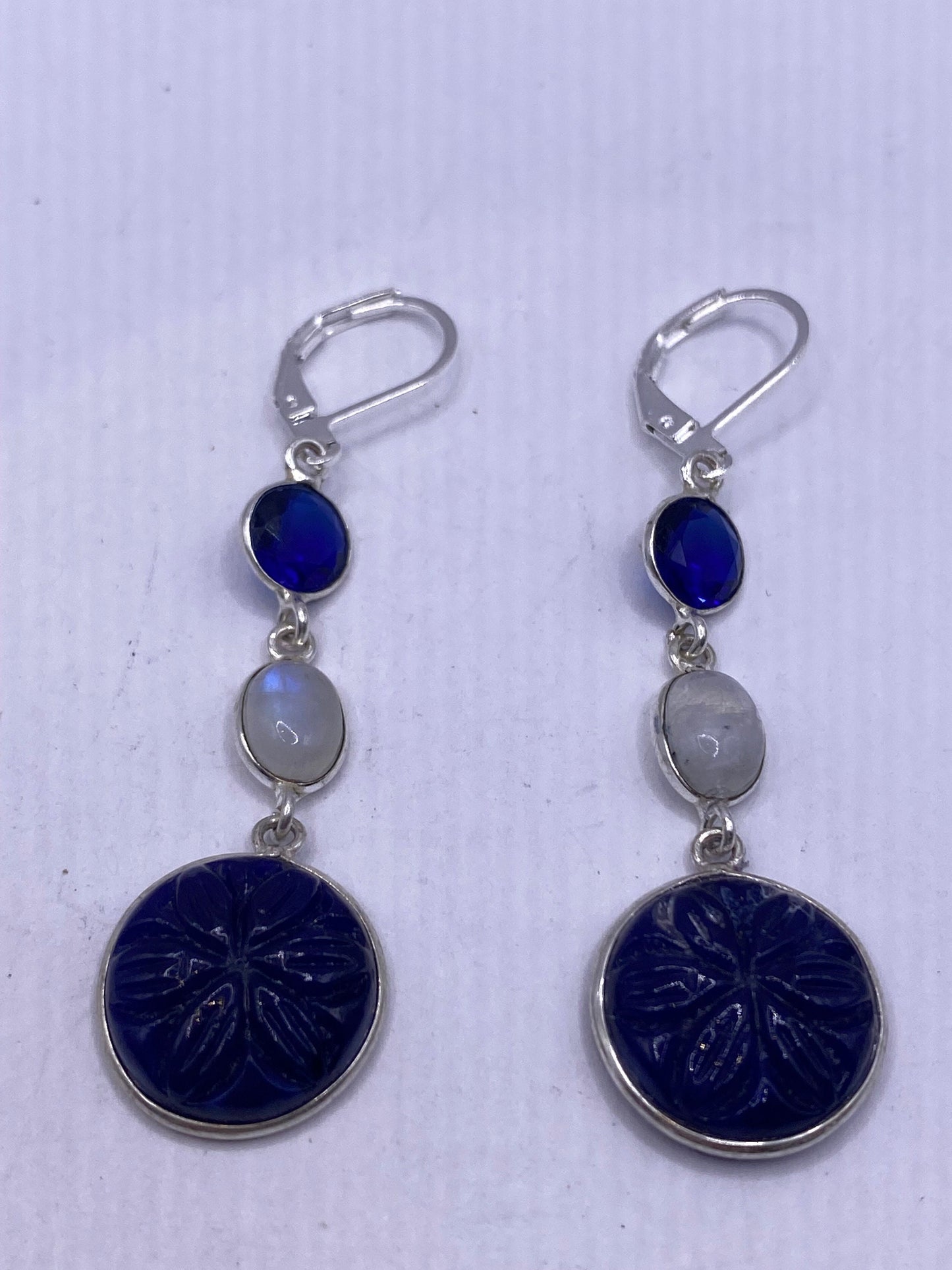 Vintage Blue Raw Sapphire Sterling Silver Lever Back Chandelier Earrings