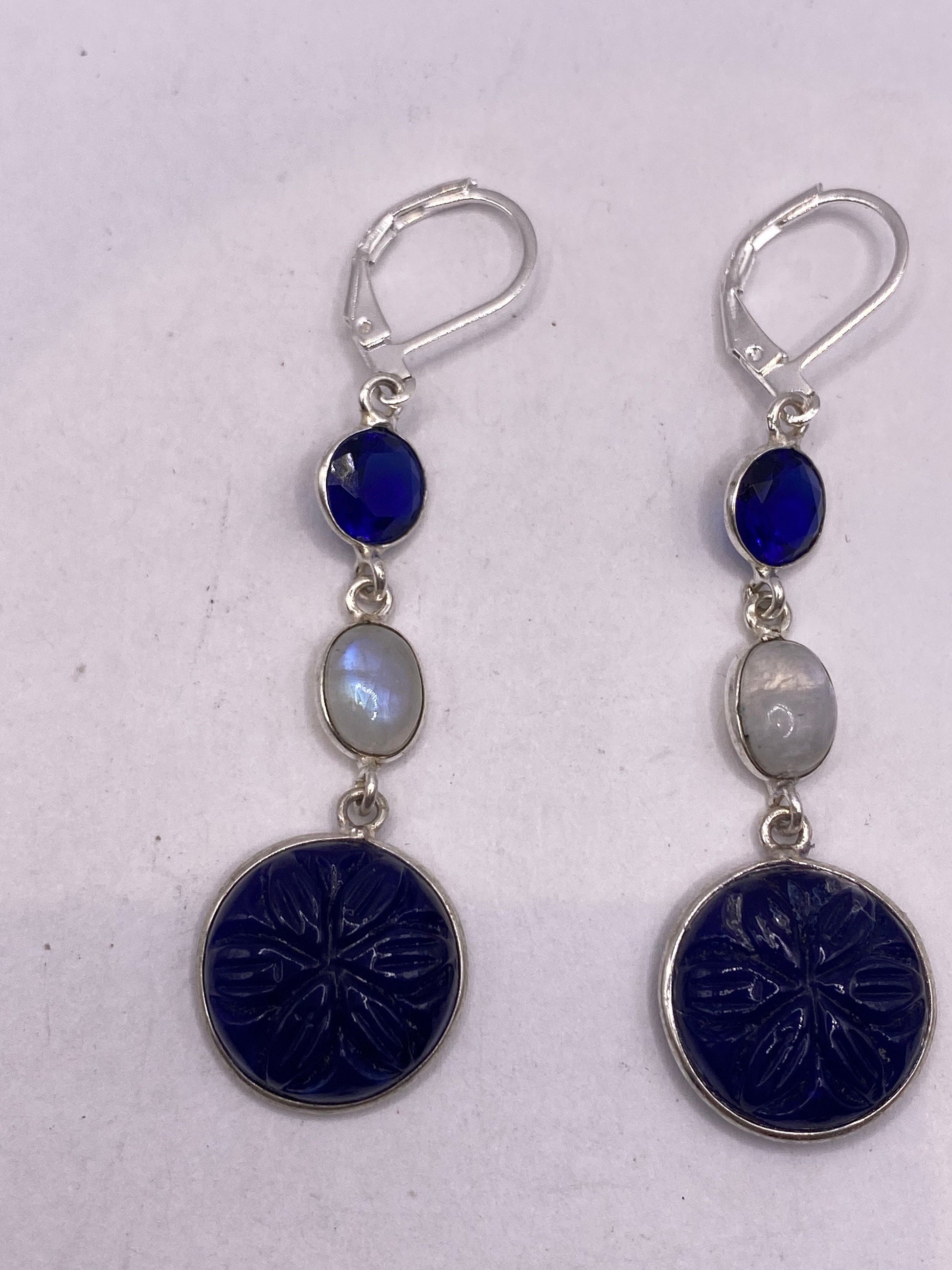 Vintage Blue Raw Sapphire Sterling Silver Lever Back Chandelier Earrings