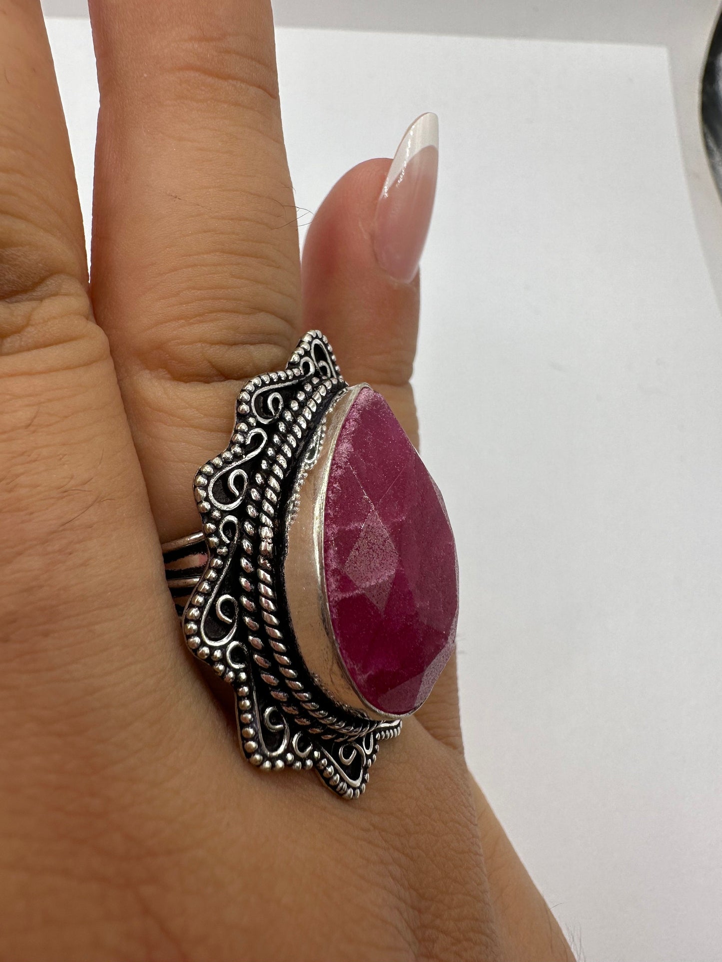 Vintage Handmade Raw Pink Ruby Silver Gothic Ring