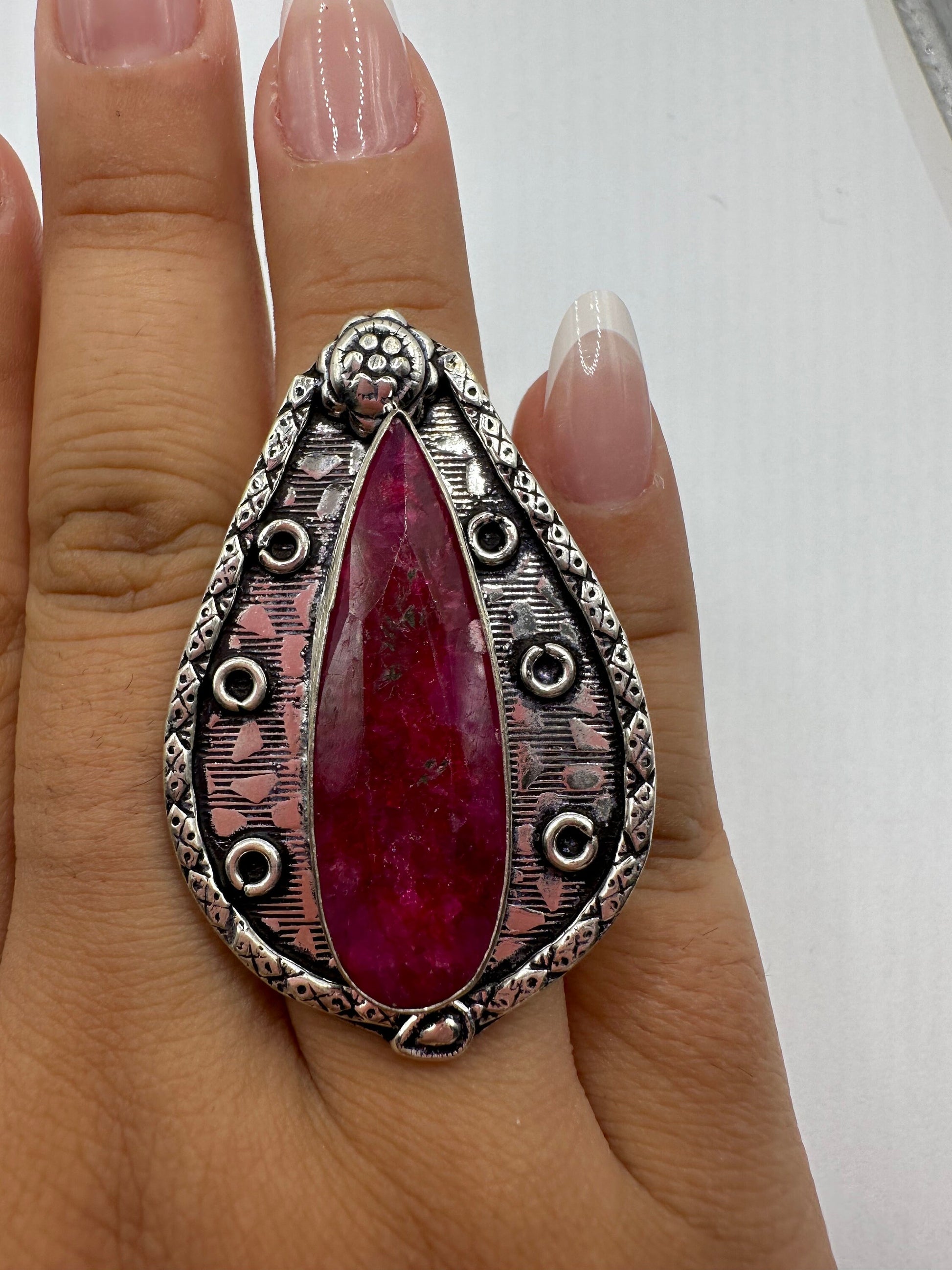 Vintage Handmade Raw Pink Ruby Silver Gothic Ring