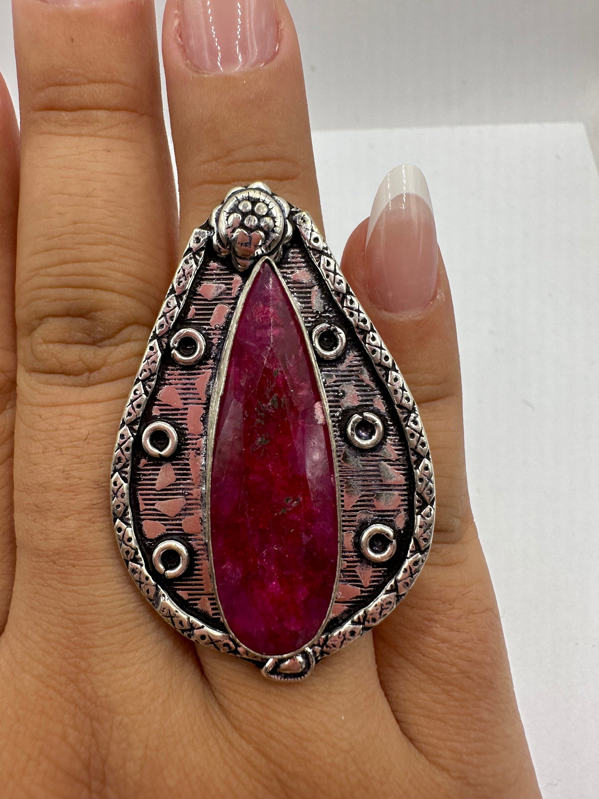 Vintage Handmade Raw Pink Ruby Silver Gothic Ring