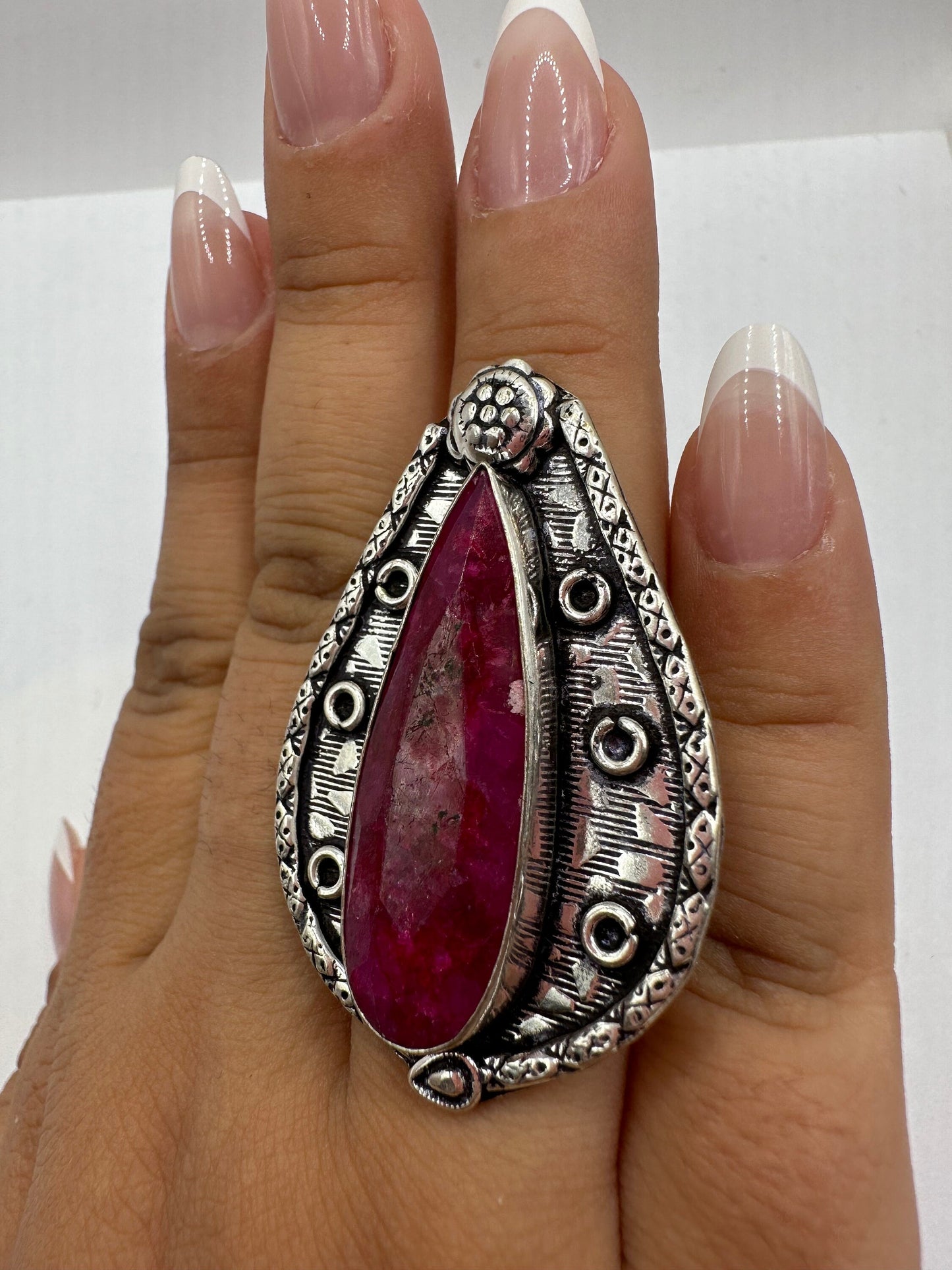 Vintage Handmade Raw Pink Ruby Silver Gothic Ring