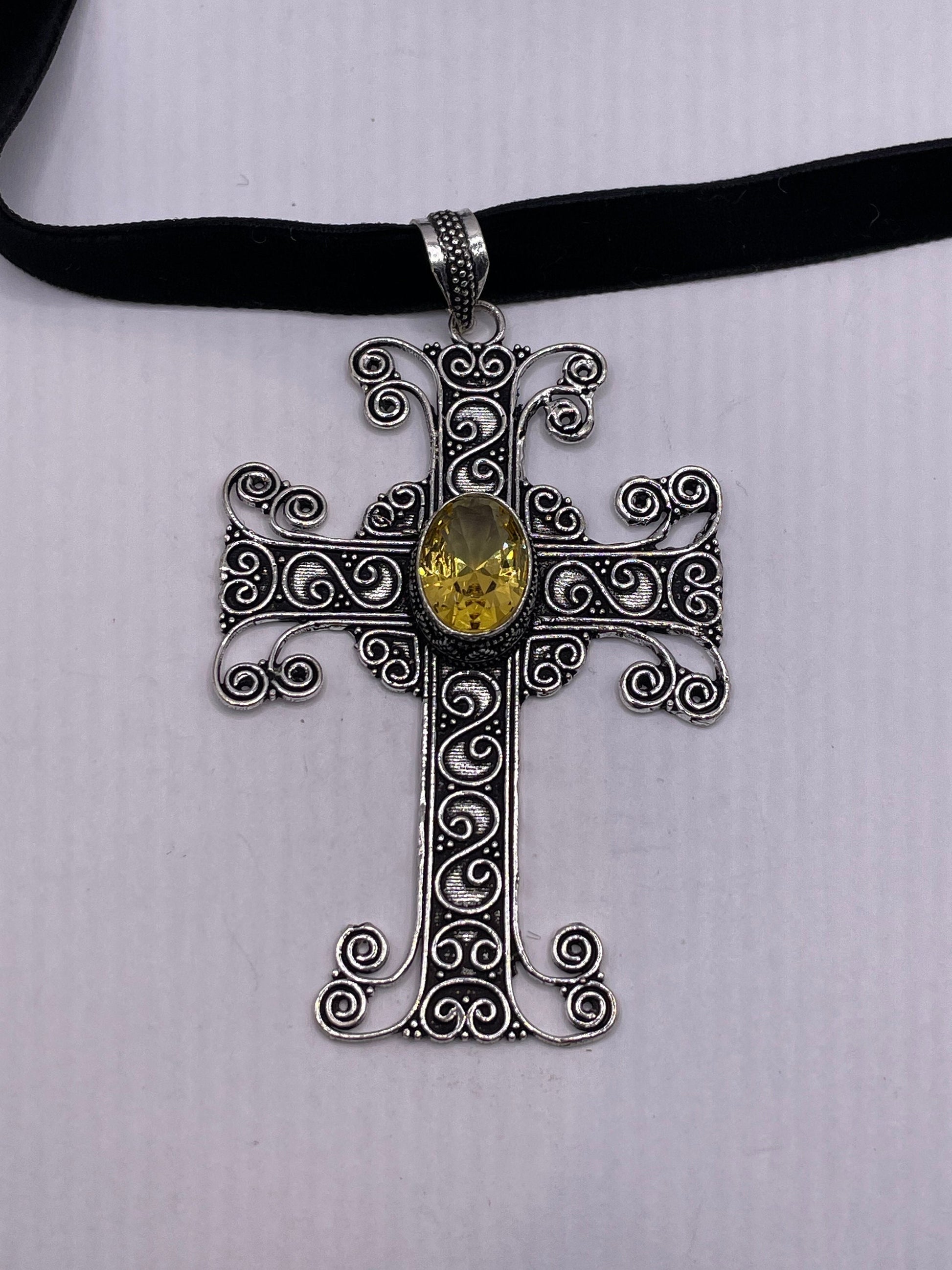 Vintage Silver Golden Citrine Cross Choker Black Velvet Necklace.