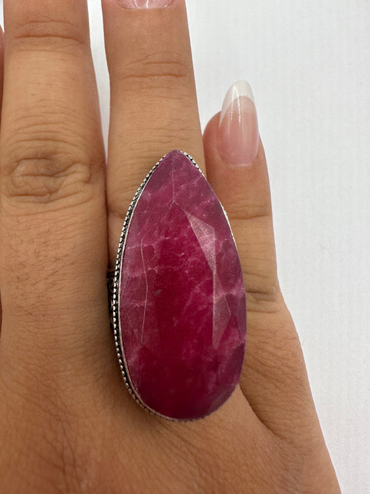 Vintage Raw Pink Ruby Silver Cocktail Ring