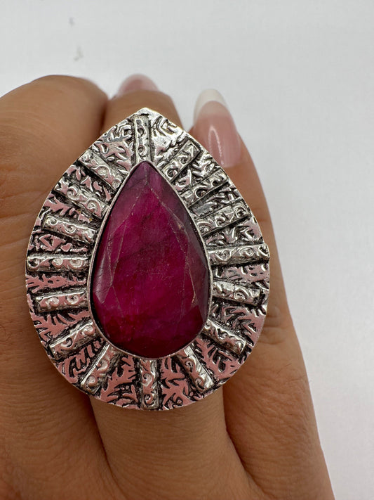 Vintage Raw Pink Ruby Silver Cocktail Ring