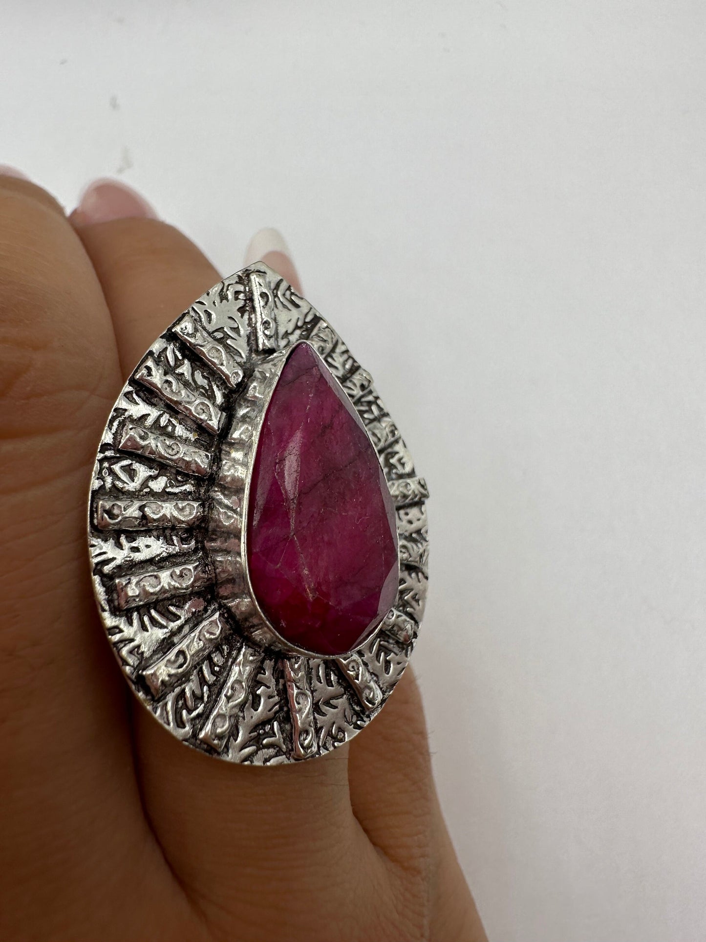 Vintage Raw Pink Ruby Silver Cocktail Ring