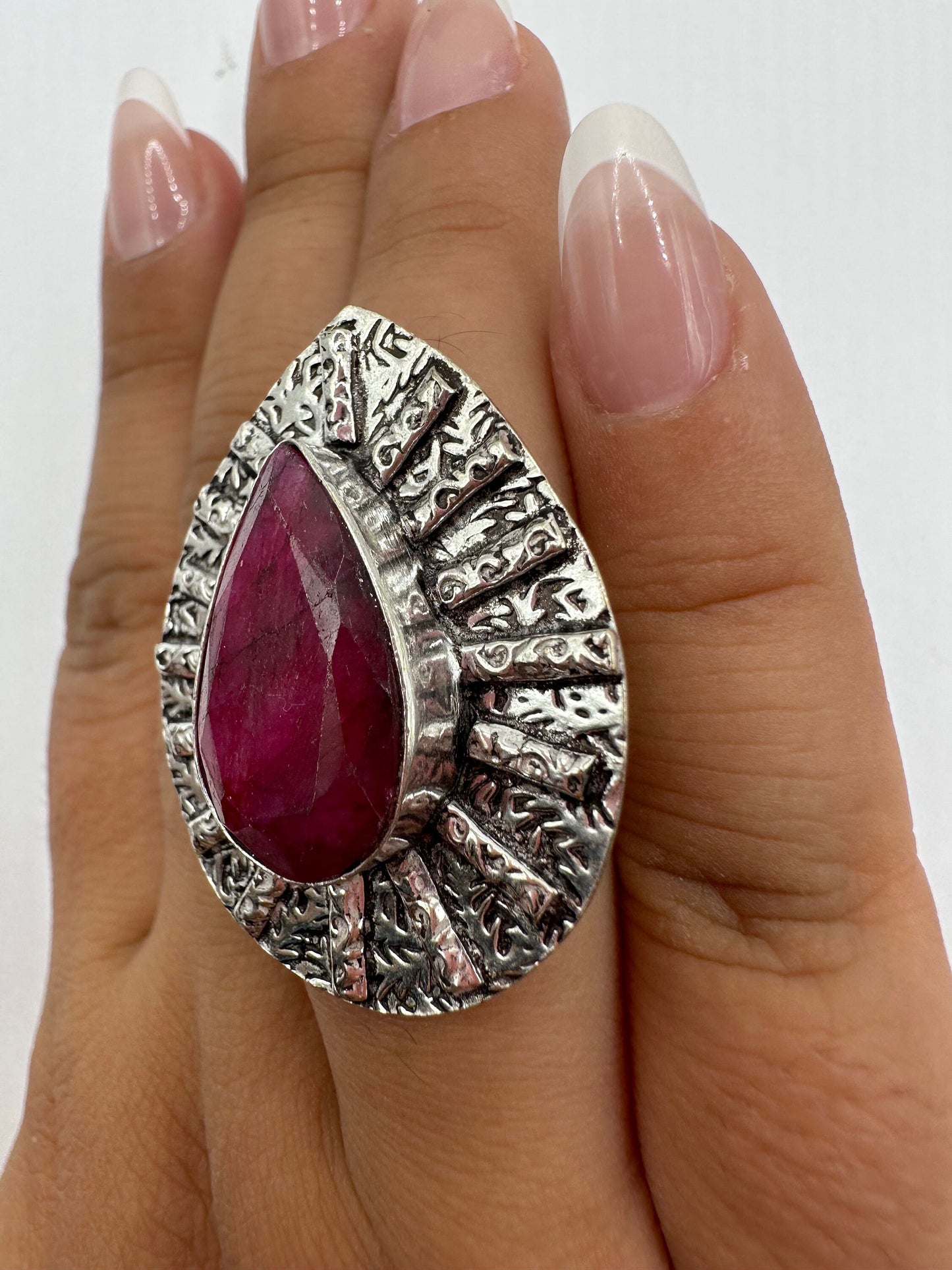 Vintage Raw Pink Ruby Silver Cocktail Ring