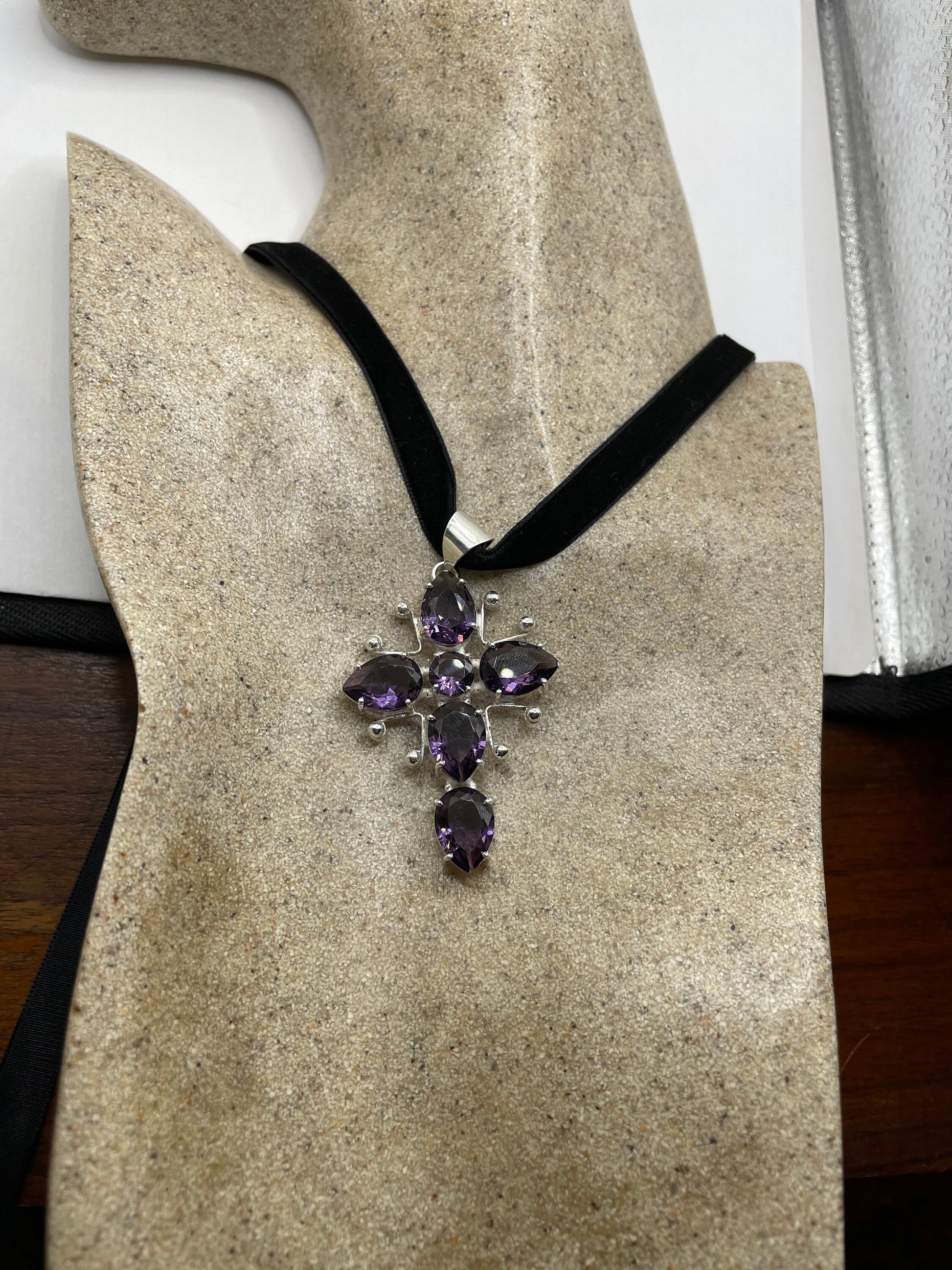 Vintage Purple Amethyst Cross Choker Necklace
