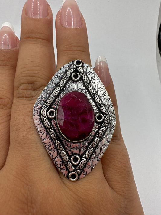 Vintage Handmade Raw Pink Ruby Silver Gothic Ring