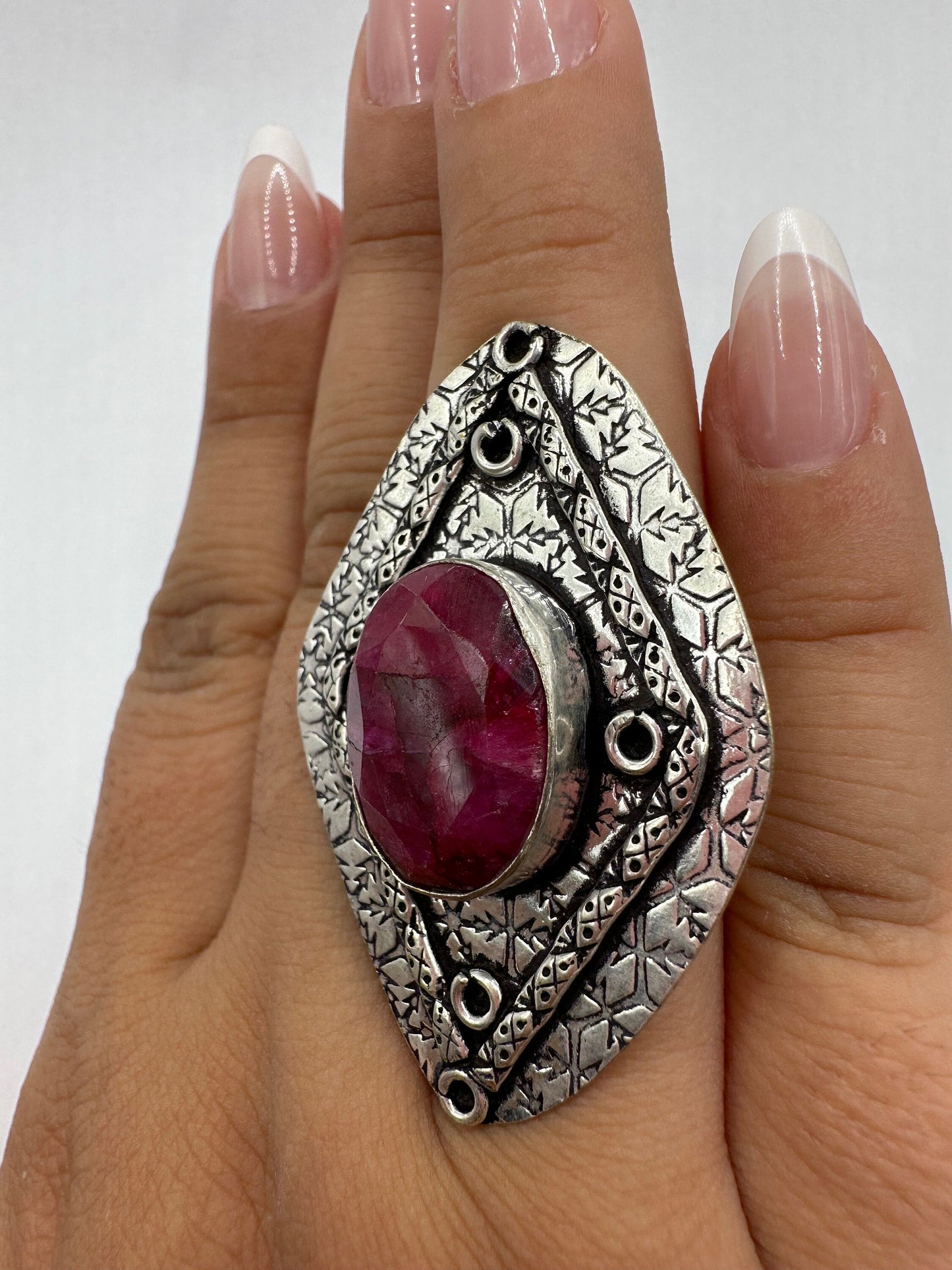 Vintage Handmade Raw Pink Ruby Silver Gothic Ring