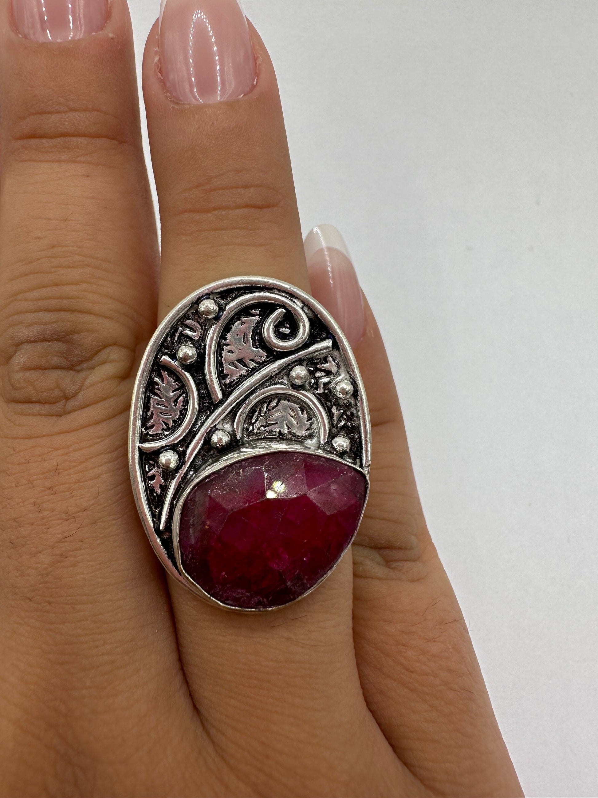 Vintage Raw Pink Ruby Silver Cocktail Ring